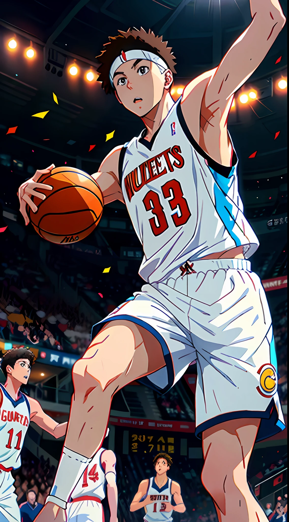 anime basketball team in white shirt, denver nuggets, NBA finals, and white shorts, anime badass 8 k, scence of slam dunk, anime style 4 k, art style kentaro miura, 4k manga wallpaper, high quality anime art, 4k anime wallpaper, cute anime pose, epic anime shooting 8 k hd, slam dunk, celebrating, champions, DENVER, confetti, trophy