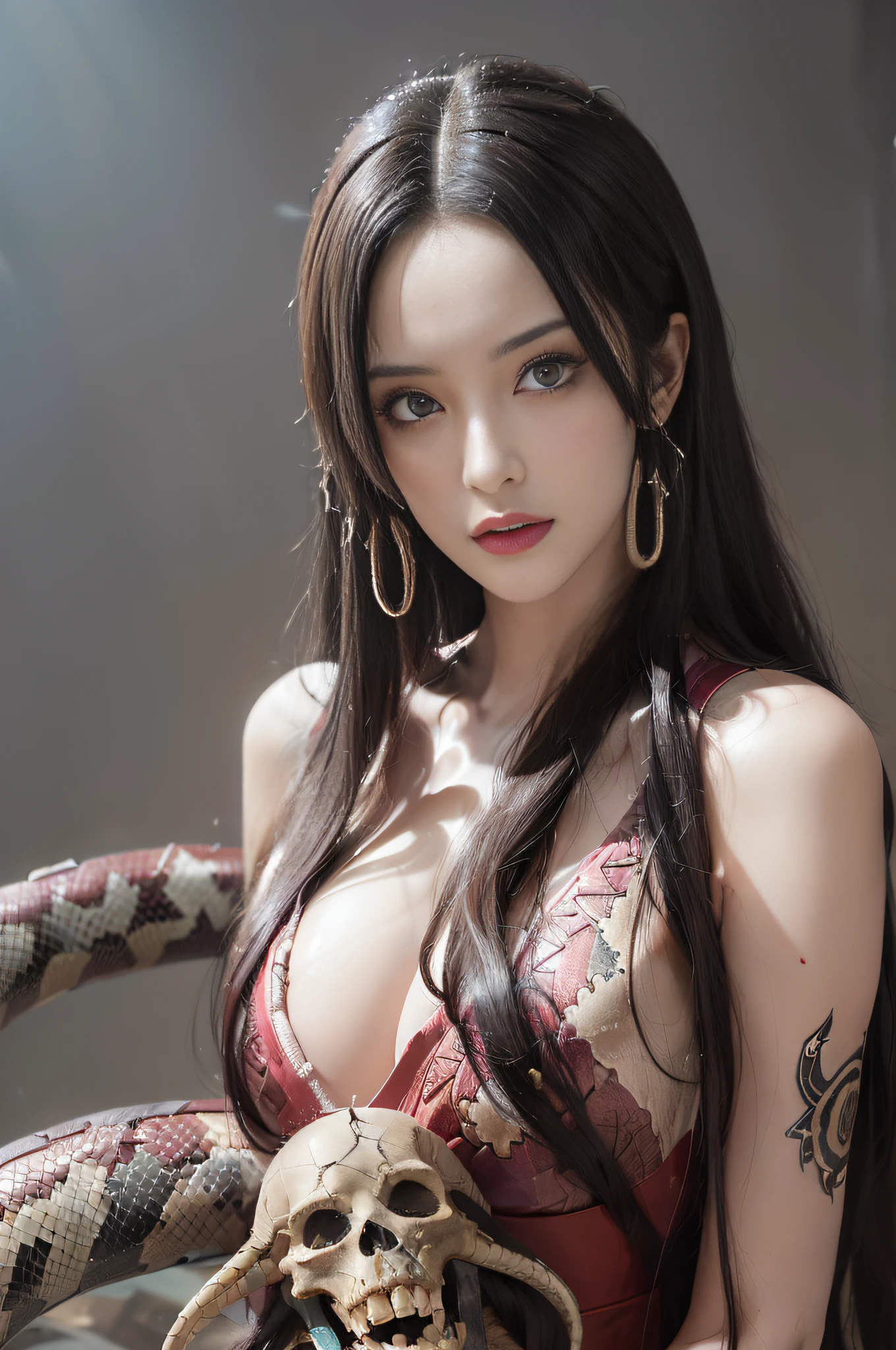 (((masterpiece+best quality+high resolution+ultra-detailed))), ((boa hancock, snake_skull)), long silky black hair, high nose, sharp eyes, noble and inviolable temperament, (([female]: 1.2 + [beauty]: 1.2 + black long hair: 1.2)), dark and deep background, bright eyes, dynamic angle and posture.