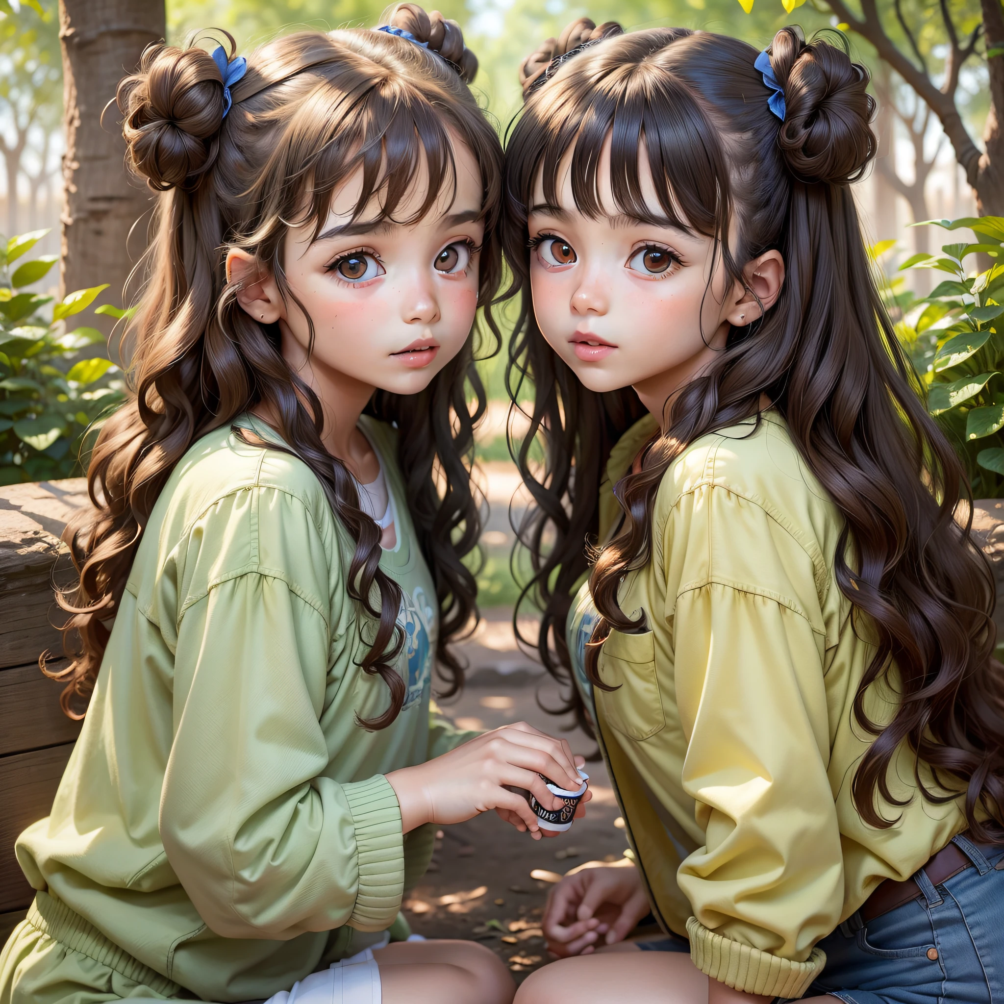 Two girls, twins, curly brown hair, at the zoo