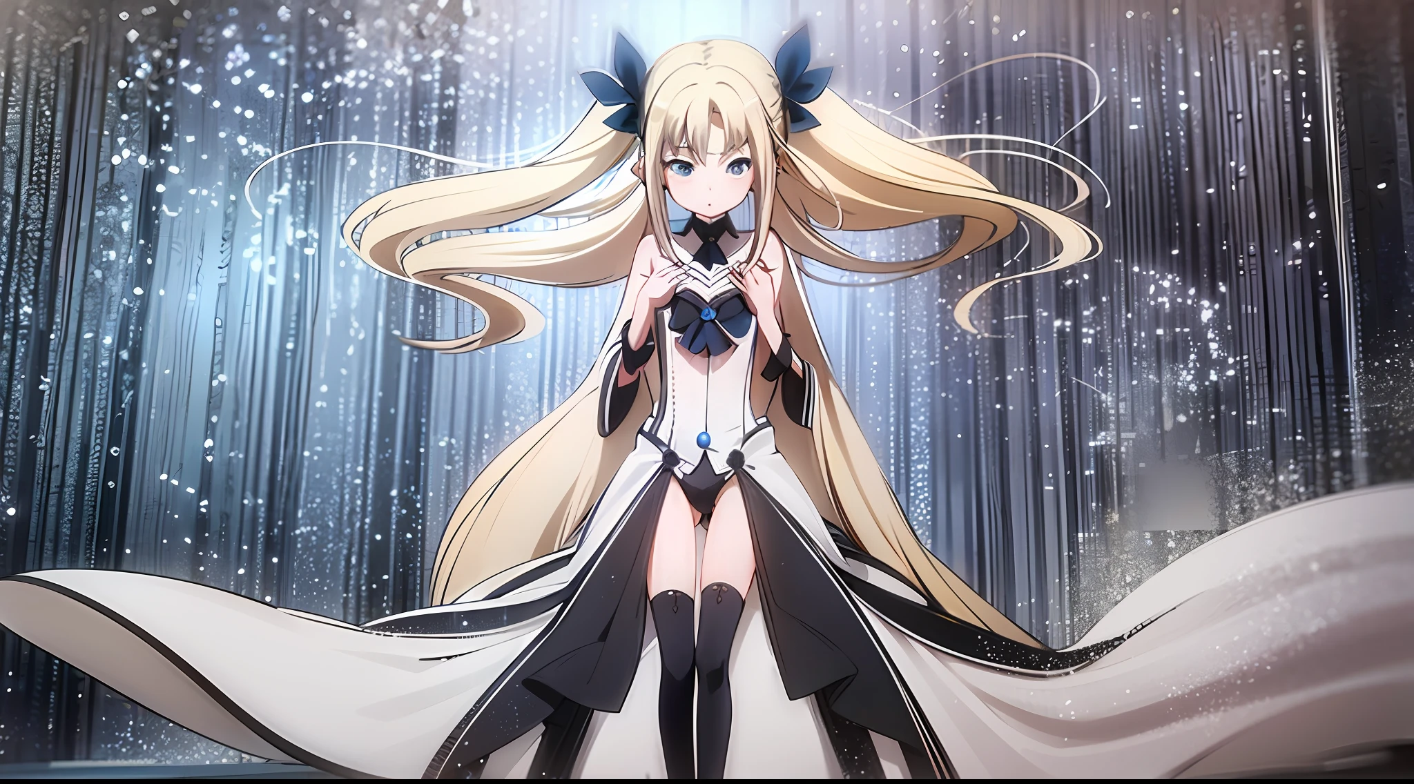 Silver-haired girl, full body photo, hands open, background is all white