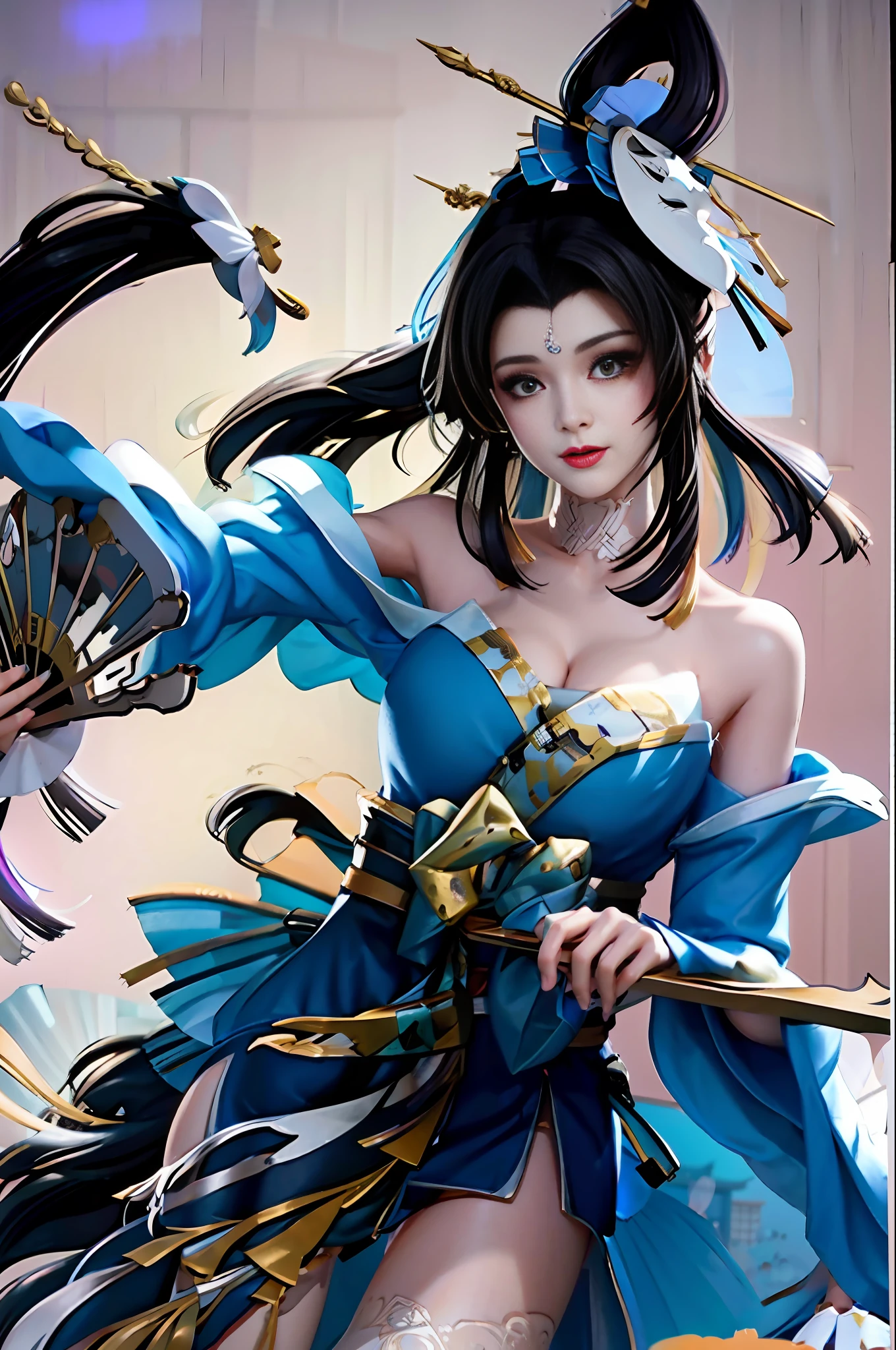huowu,1girl, solo, black hair, long hair,white thighhighs, chair, high heels, cosplay,((upper body)),young and beautiful, tall and beautiful, fair face, perfect features, tall and beautiful, fair skin, good figure, 4k,cg,
holding fan, blue theme,gameCG background,3Drender,realistic,cinematic lighting,smooth fog,detailed face, light smile, (((The Architectural Background of Japanese Style)))