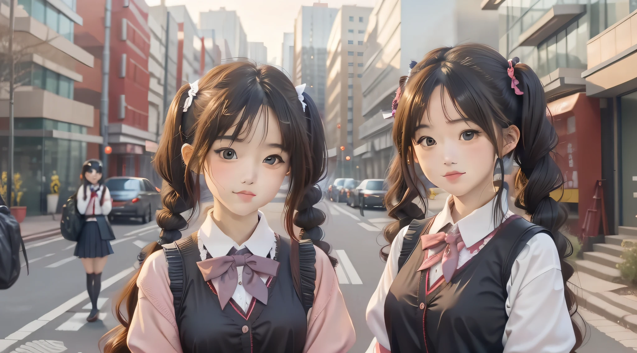 two young women standing next to each other on a city street, two beautiful anime girls, sakimichan, two japanese schoolgirls posing, twintails hairstyle, beautiful gemini twins portrait, japanese girl school uniform, japanese school uniform, two girls, beautiful sci - fi twins, beautiful gemini twins, two pigtails hairstyle, ulzzang, wearing japanese school uniform