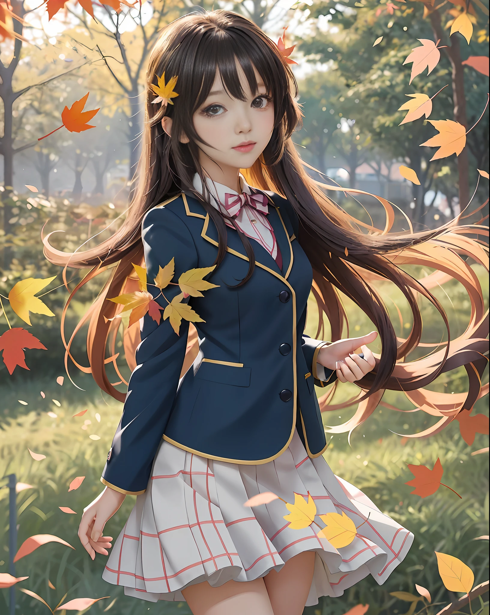 anime girl in a school uniform standing in a field of leaves, anime visual of a cute girl, beautiful anime high school girl, smooth anime cg art, anime best girl, beautiful anime girl, 🍁 cute, light novel cover art, anime girl with long hair, (anime girl), sakimi chan, young anime girl, cute anime girl, visual novel cg