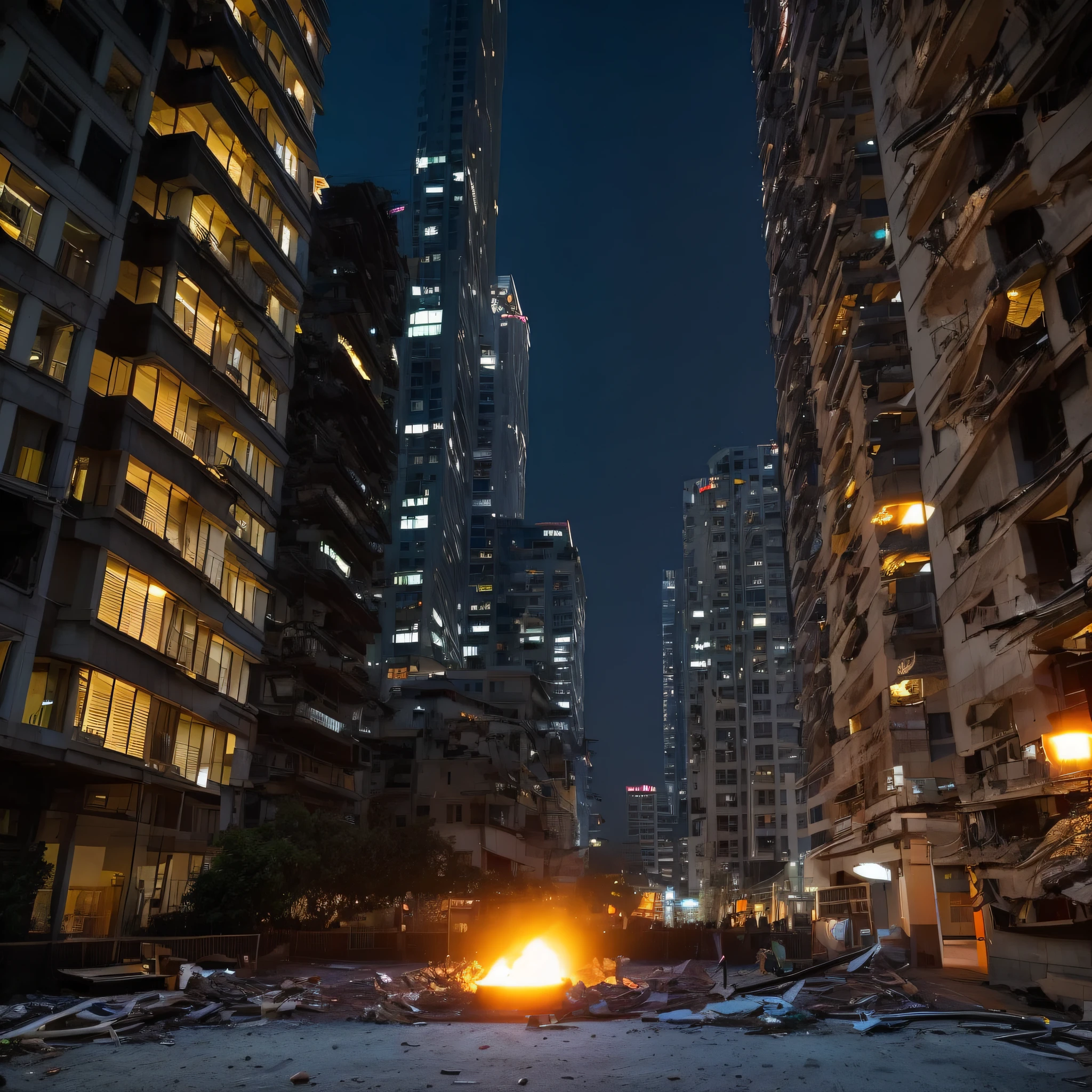 At night, tall buildings, there is firelight, destroyed, dark, no people