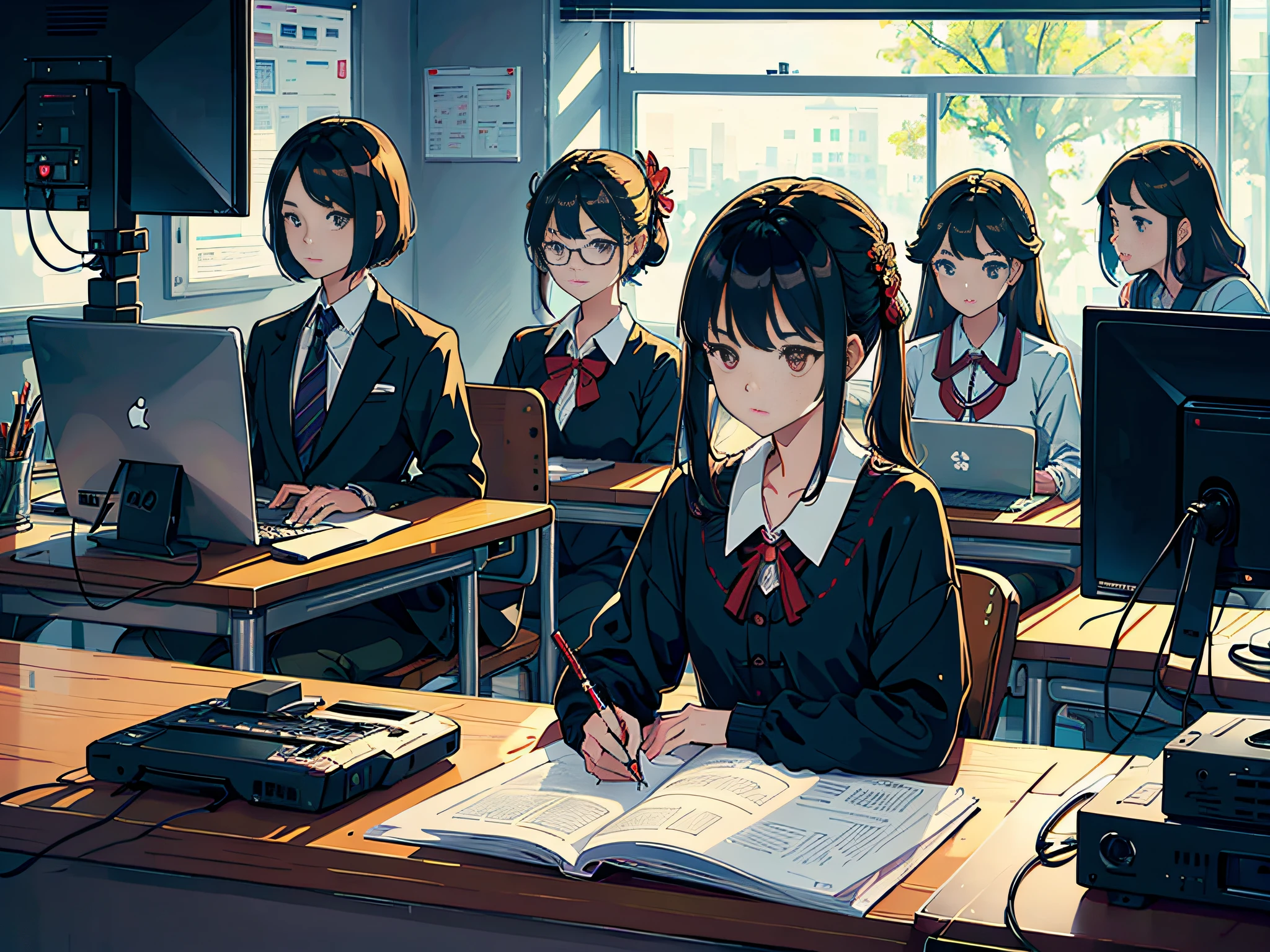 At nine o'clock in the morning, there are multiple teachers in the computer room looking at the computer screen, these teachers are wearing formal clothes, one teacher is looking at the camera, the rest of the teachers are looking at the screen, these teachers are wearing short-sleeved shirts, sitting in front of the computer, the teacher is looking at the computer screen, the computer desk has a mouse, the computer desk has a keyboard, the computer desk has a document, the computer desk has a pen, these teachers look at the screen, the background of the lens is the reading room, the lens looks at the teachers, the lens is mainly characterized by the upper body, in the Loepfe art style ((Xinhaicheng), Popular in CGStation, Xinhaicheng H 2160, inspired by the style of Bian Shoumin, Xinhaicheng, Kavasi, Guwitz, high quality pictures, 4K, 8K, resolution, -auto-s2