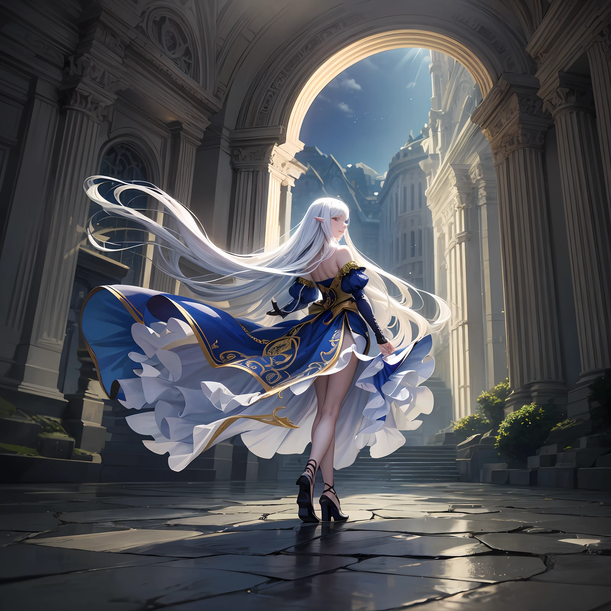 FS, a smiling albino girl with 10 perfect features and long black hair resembling Rapunzel, is in a picturesque scene resembling Avatar. Her body is graceful with a small bust and thin legs. The girl looks stunning in a pure organza dress with intricate designs. Their high-heeled shoes are elegant with gold patterns. Sunlight creates a subtle silhouette around its contours from the back, while soft, filling light illuminates it from the front. This scene has photorealistic qualities and is a concept art that creates a wow effect of:2. It can be found on the 500px website with hyper-superior details of:2. --auto --s2
