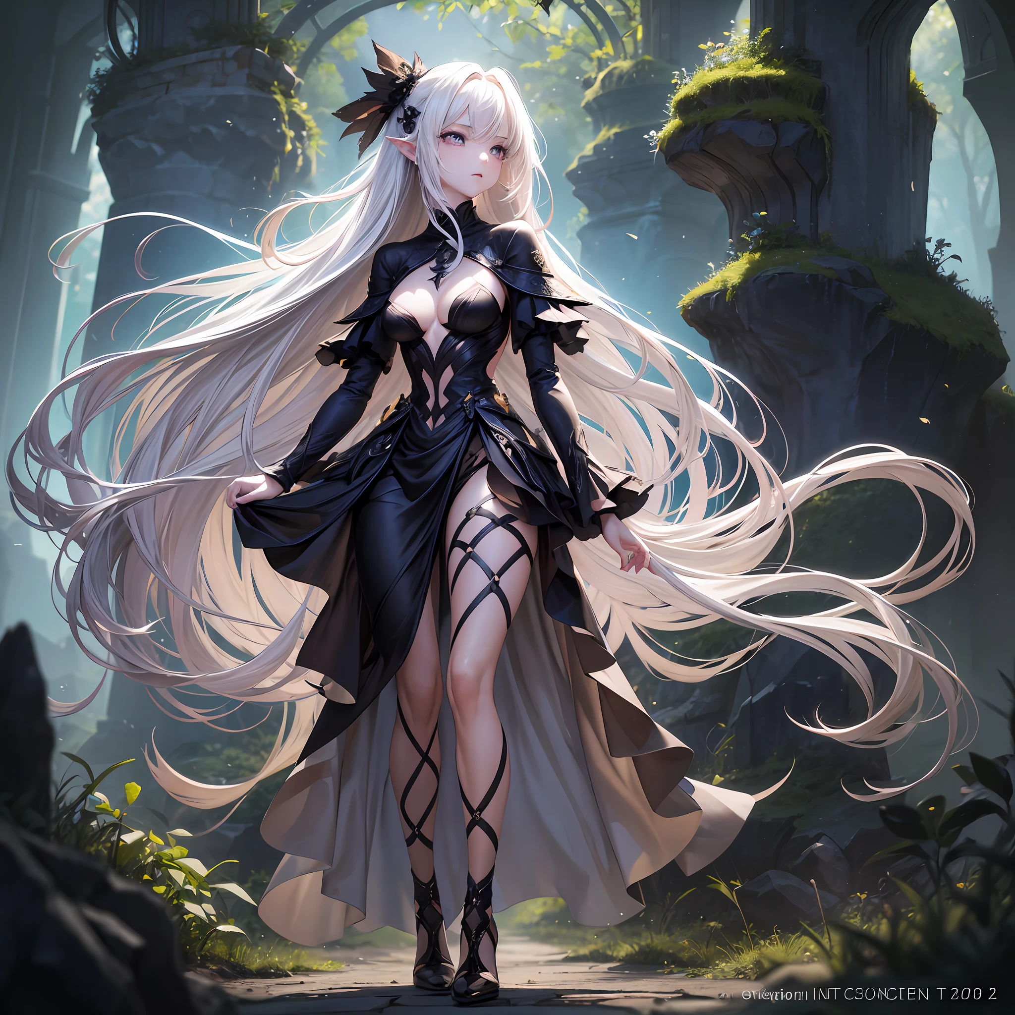 FS, an albino girl with perfect 10 features and long black Rapunzel-like hair, stands in a picturesque Avatar-like scene. Her body is graceful with a petite bust and slender legs. The girl looks stunning in a sheer organza dress with intricate designs. Her high-heeled shoes are elegant with golden patterns. The sunlight creates a subtle silhouette around her contours from the back, while soft and filling light illuminates her from the front. This scene has photorealistic qualities and is a concept art that creates a wow effect of:2. It can be found on the website 500px with hyper-superior details of:2. --auto --s2