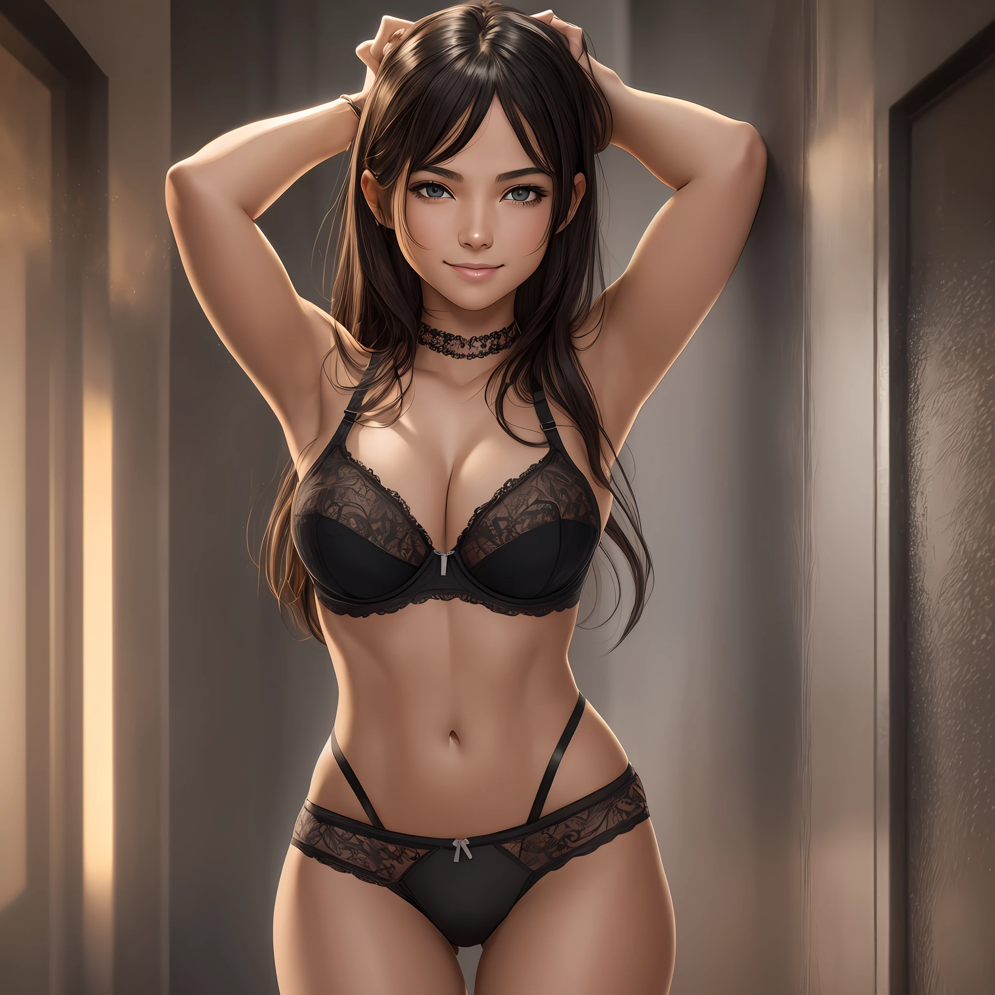 black hair, cgi,  girl, smiling, happy, professional lighting, cgi, full body display, wearing bra, and panty, brown hair, crazy eyes, furrowed brow, smelling, embarrassed, brown hair, eye reflection, light smile, embarrassed, heart in eye, Surrealism, cinematic lighting, depth of field, cinematic lighting, sparkle, Realism, 8k, super detail, UHD, retina, masterpiece, ccurate, anatomically correct, textured skin, super detail, high details, high quality, award winning, best quality, highres, 1080P, HD, 4K, 4K, 8k, 16k, UHD, 1080P, best quality, super detail, textured skin, anatomically correct, masterpiece, highres, 16k, HD --auto --s2