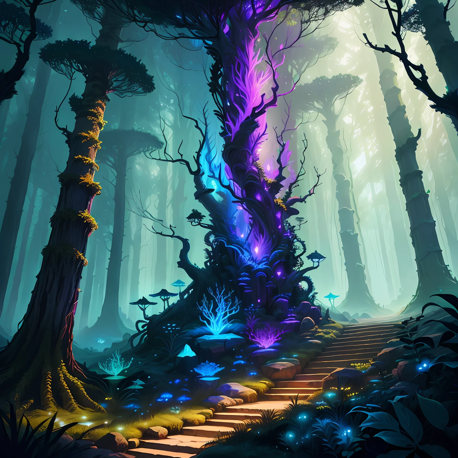 Generate an image of a fantasy-style forest with seven souls, each with a different color, standing side by side.