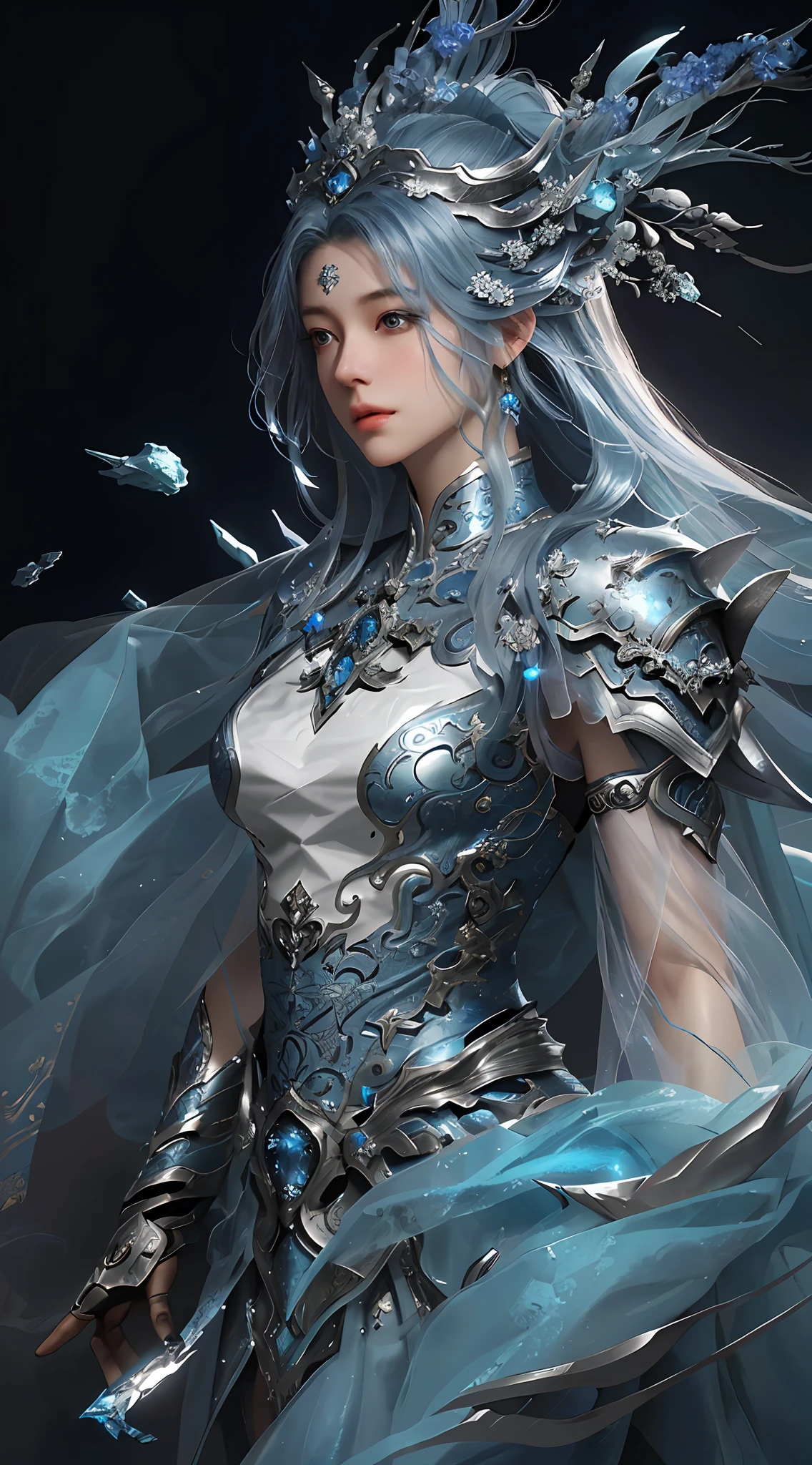 a close up of a woman in a women in a silver and blue dress, chengwei pan on artstation, by Yang J, detailed fantasy art, stunning character art, fanart best artstation, epic exquisite character art, beautiful armor, extremely detailed artgerm, detailed digital 动漫艺术, artstation pixiv 上的 artgerm, armor girl,胸部,肚脐,细腰