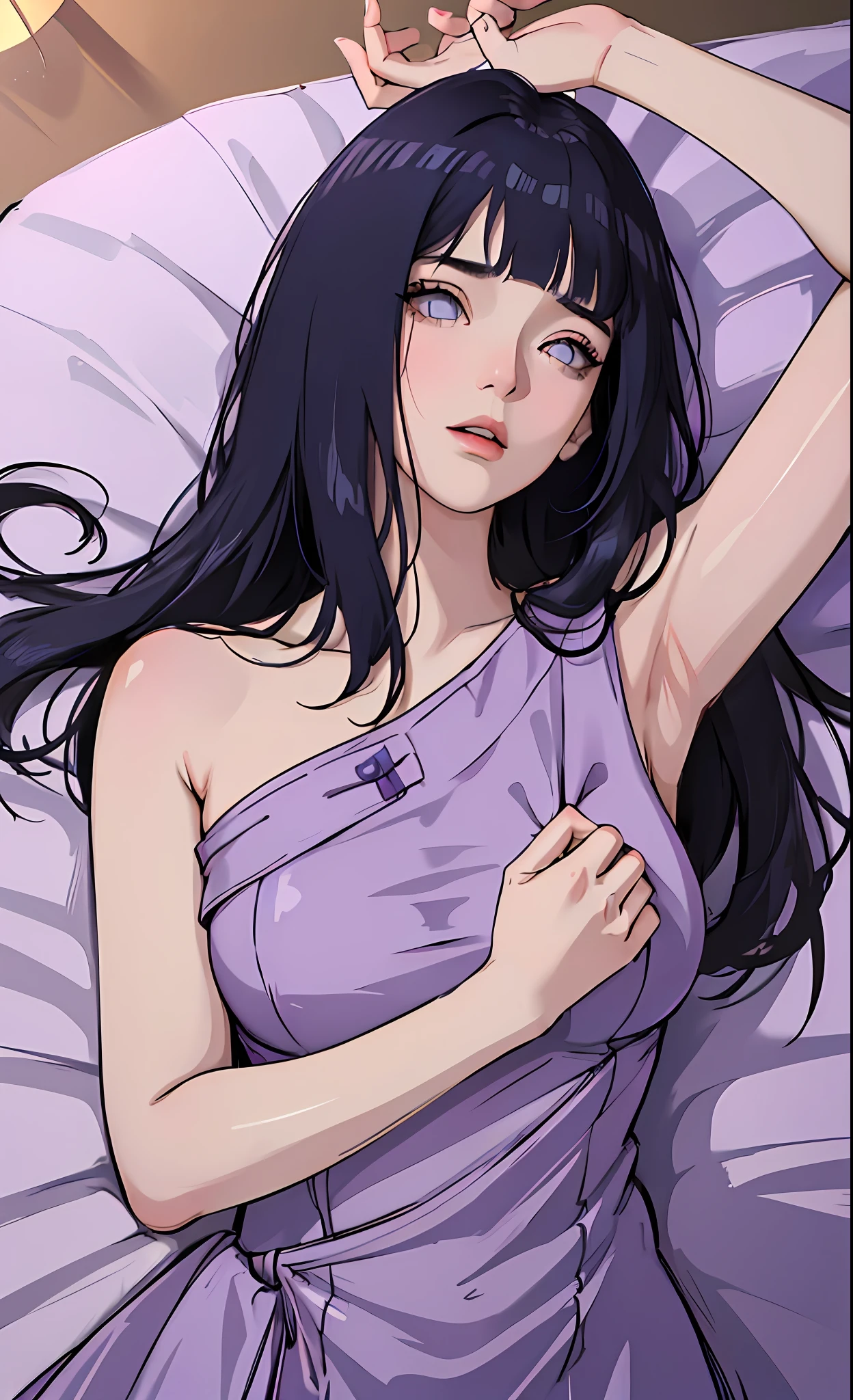 ((Top Quality, 8k, Masterpiece: 1.3)), Beauty, 1 Girl, Big: 1.3, Dark Blue Hair, (Lying in Bed: 1.2), Ultra Detailed Face, Highly Detailed Lips, purple Dress, blunt bangs, light purple eyes, long hair, arm up, armpit, flowing hair, sweat