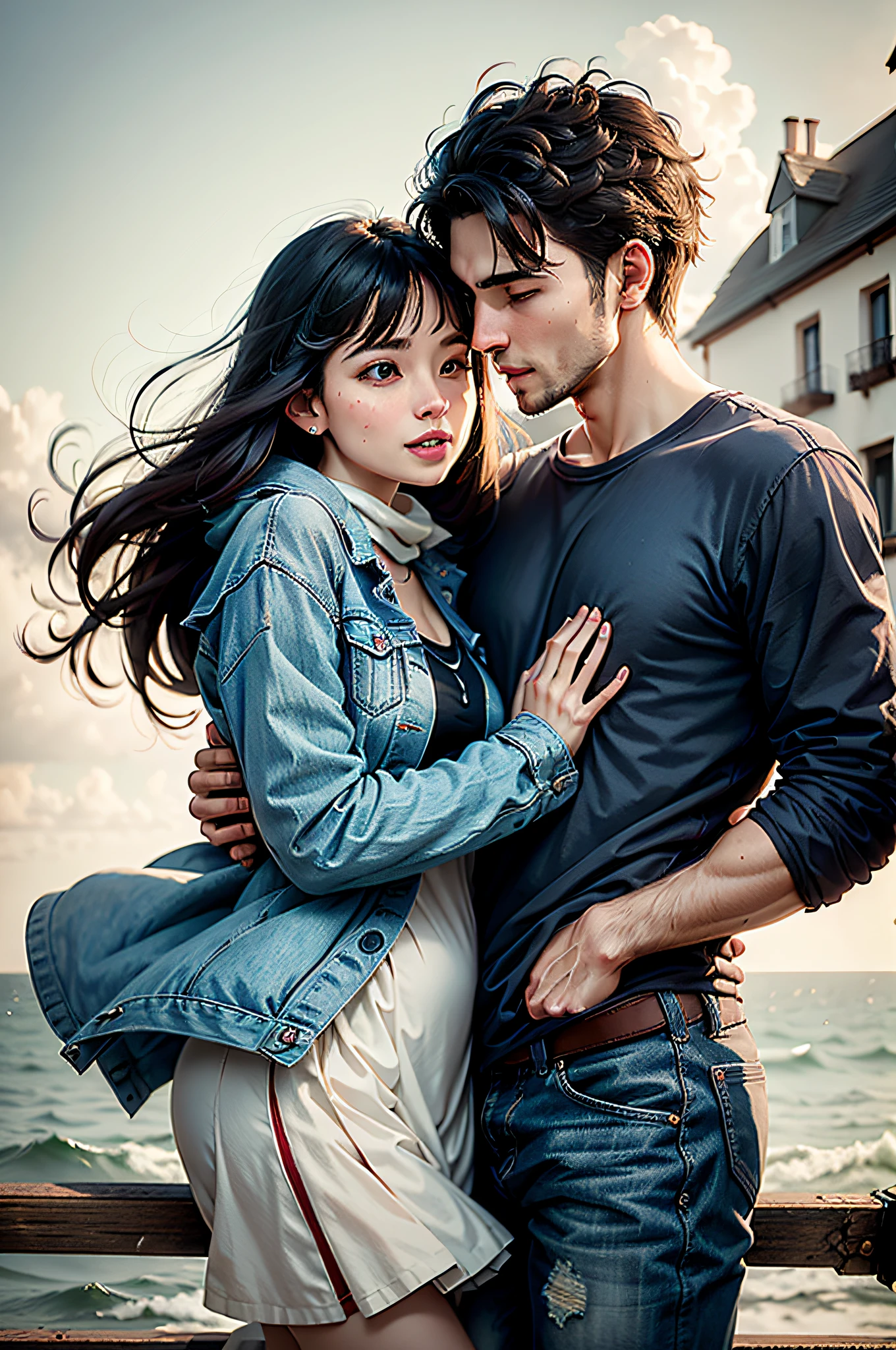 Romantic couple kissing in the classic wind