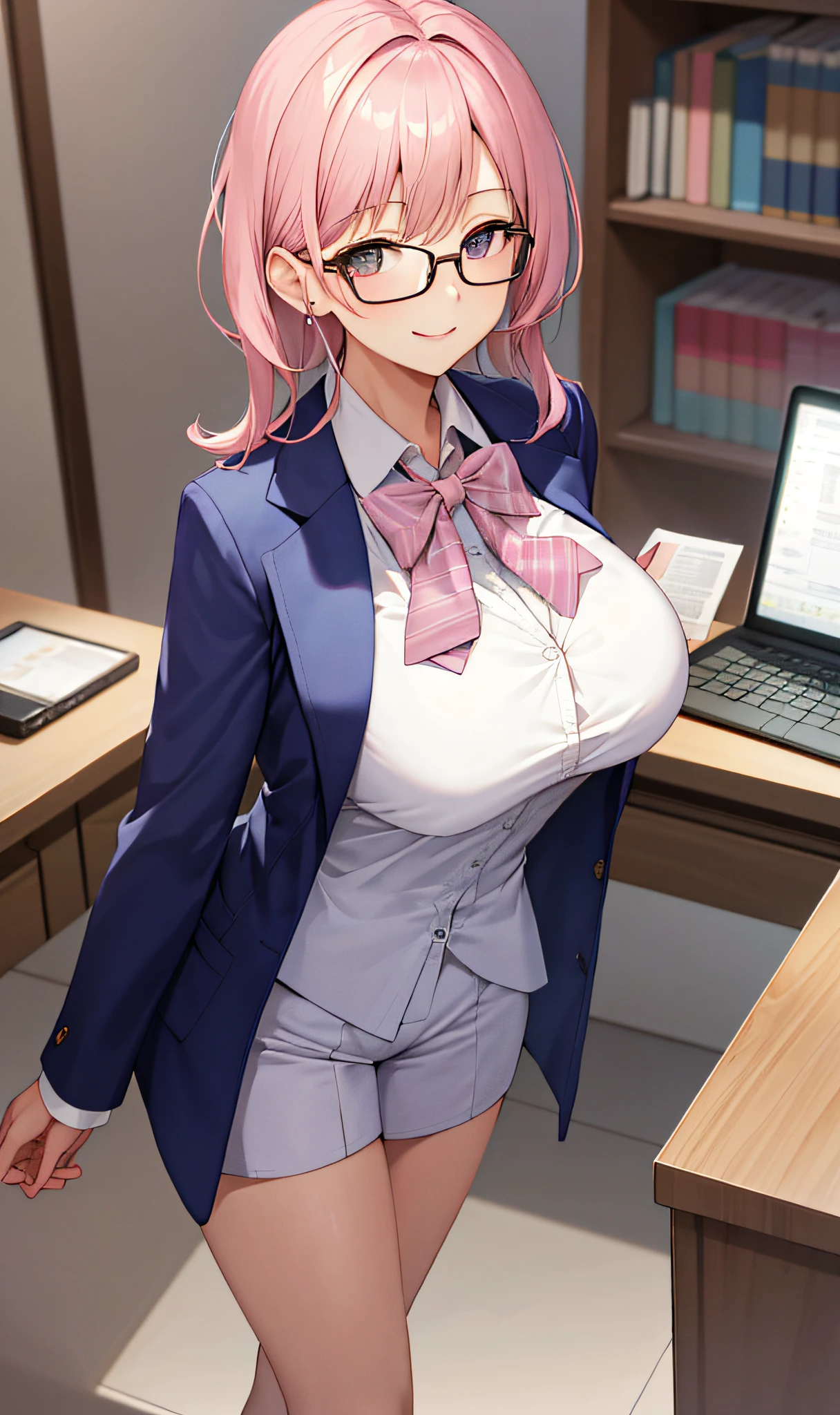 ((masterpiece, best)), (1girl), (mature woman), light pink hair, open-chest seduction, flared, (office lady), bangs, big breasts, glasses lady, (full), slim, smile, [wide hips], office, standing, aru \ (blue file), 8K picture quality, sexy seduction, (open-chest suit)