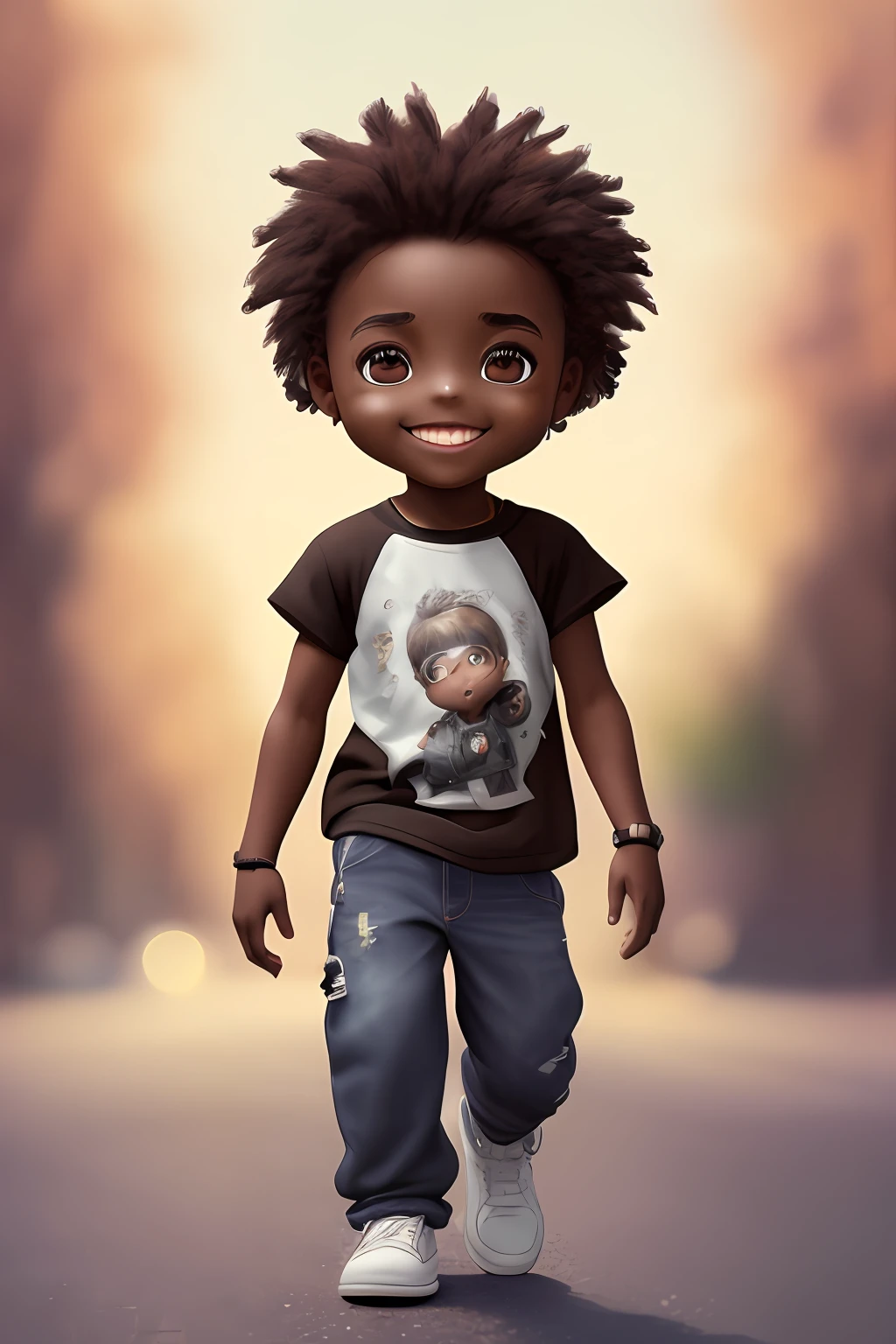 Realism portrait of 9 African American cute male ((dark brown skin color)) ((chibi)), cute smile, ((walking on road)), wearing white T-shirt and jeans, current fashion, hair style african((kanekalon)), background dark lighting, close-up, product view, detailed facial details, perfect face, sharpness, trend art, sharp facial details, cgsociety, ultra high quality digital art, exquisite hyper details, 4k, 8k soft lighting, dreamy, fashion --auto --s2