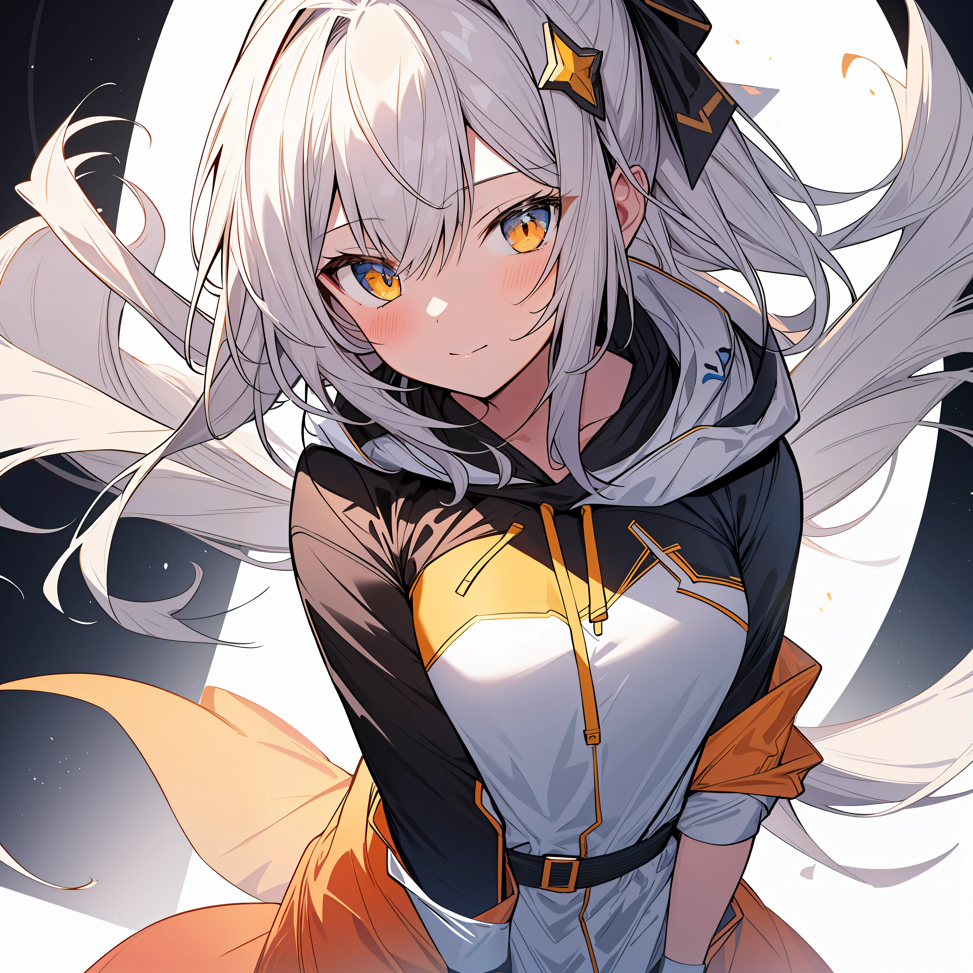 Top Quality, Masterpiece, High Resolution, 8k, Hoodie and Anime Style Girl, One Girl, Detailed Line Art, Bright White and Bright Amber Style, Digital Enhancement, Close Up, Anime Core, Flowing Fabric