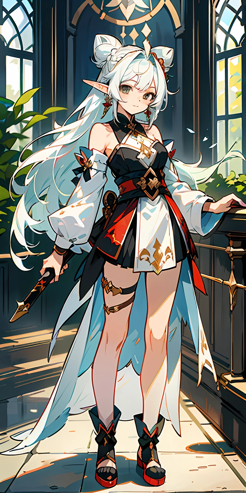 Elf, a magical girl, long white hair, single bun, single ear twisted braid, feather earrings, full body, magician, tactical pack, scroll, clothes are black and red, magic weapons, fantasy creatures, dynamic poses, bare shoulders, unique character design, exquisite costumes, medicine bottles, cards, standing paintings, floor platform, HD, masterpiece, super detail, (best quality, high resolution), super high resolution, ultra HD, 32K, cgstation pop ----niji 5