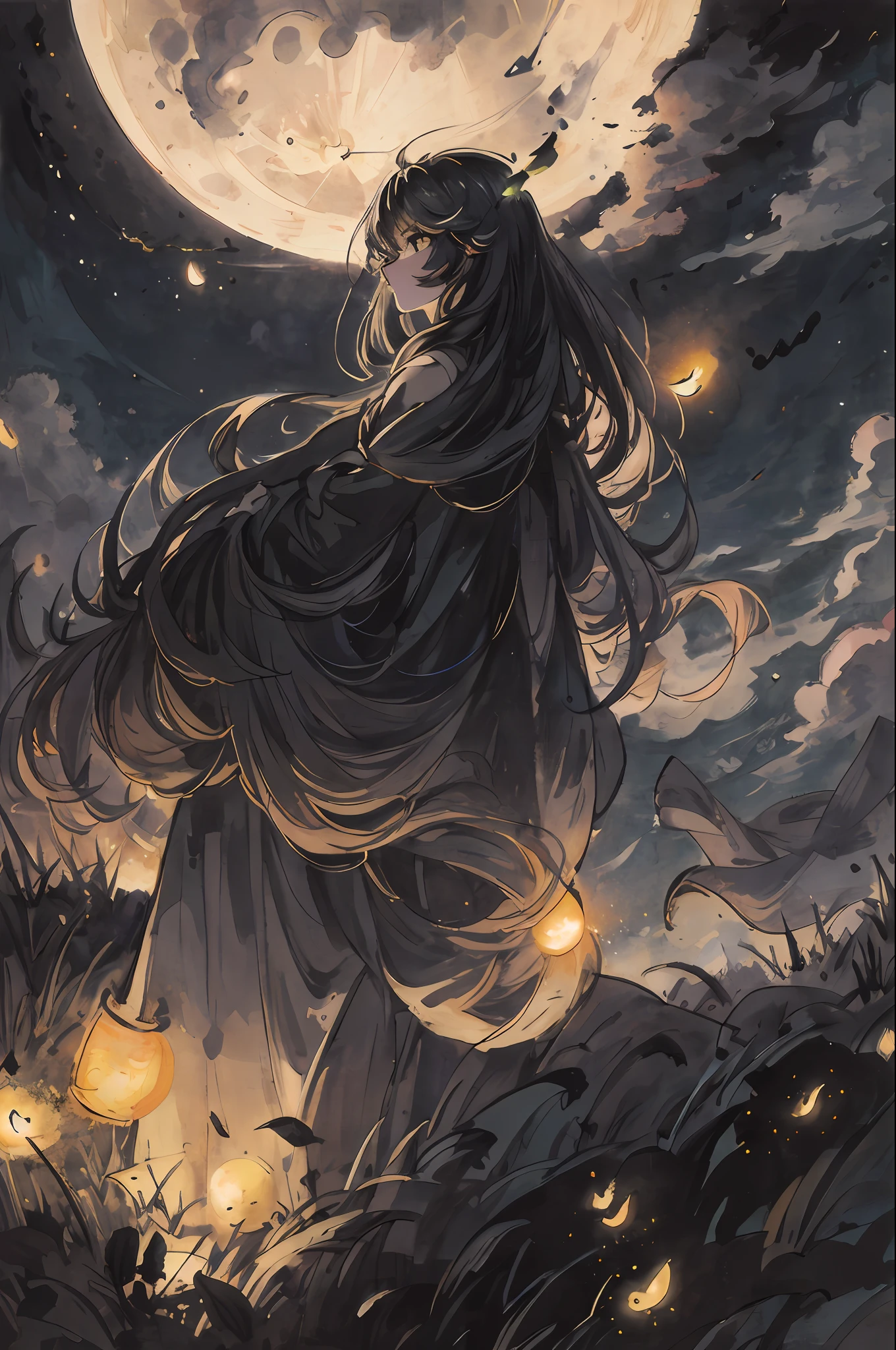 masterpiece, best quality, night, hill, clouds, full moon, long hair, woman, silhouette, fireflies.