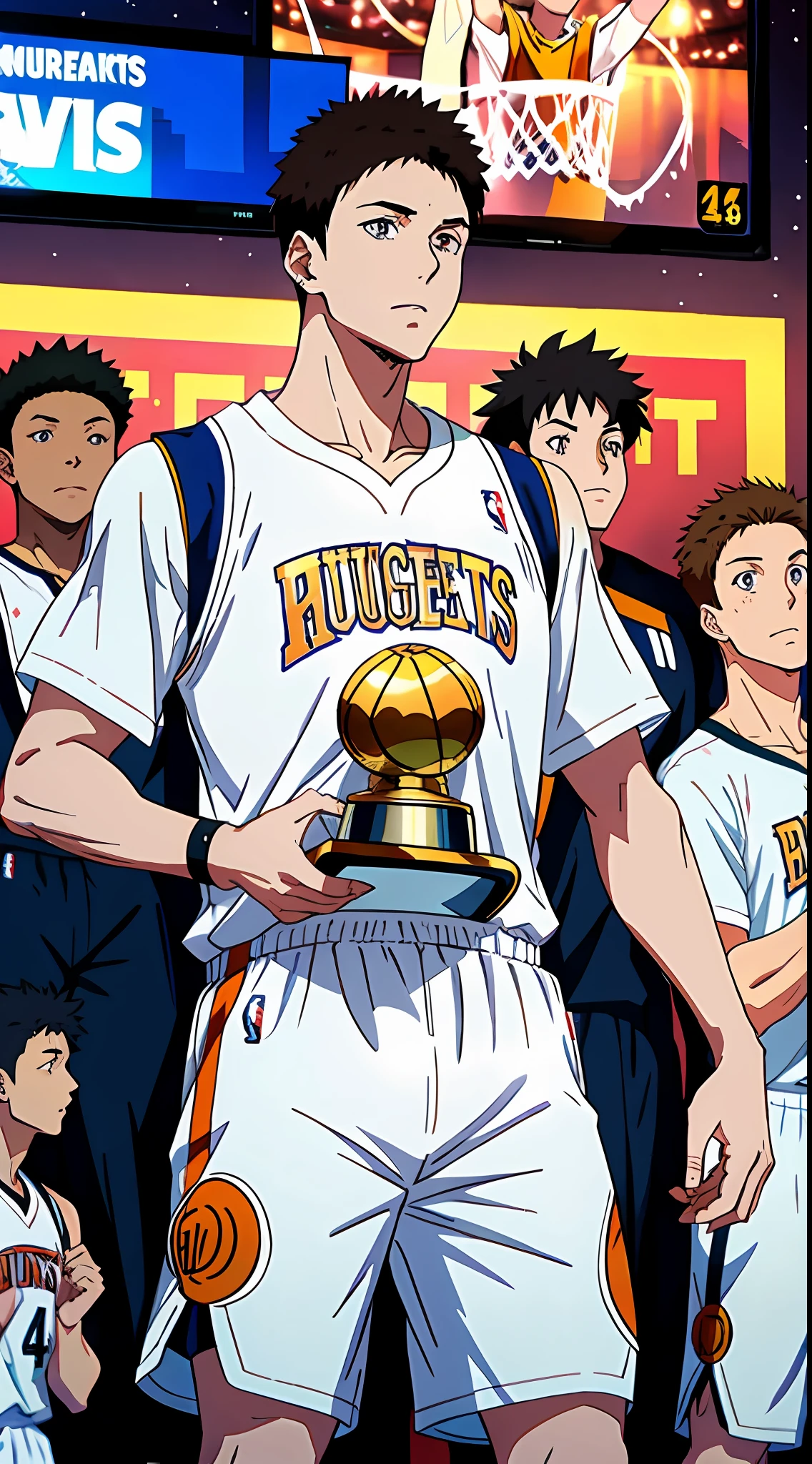 basketball team white shirt white shorts, celebrating, lifting trophy, manga, anime art high quality, 4k, denver nuggets, nba