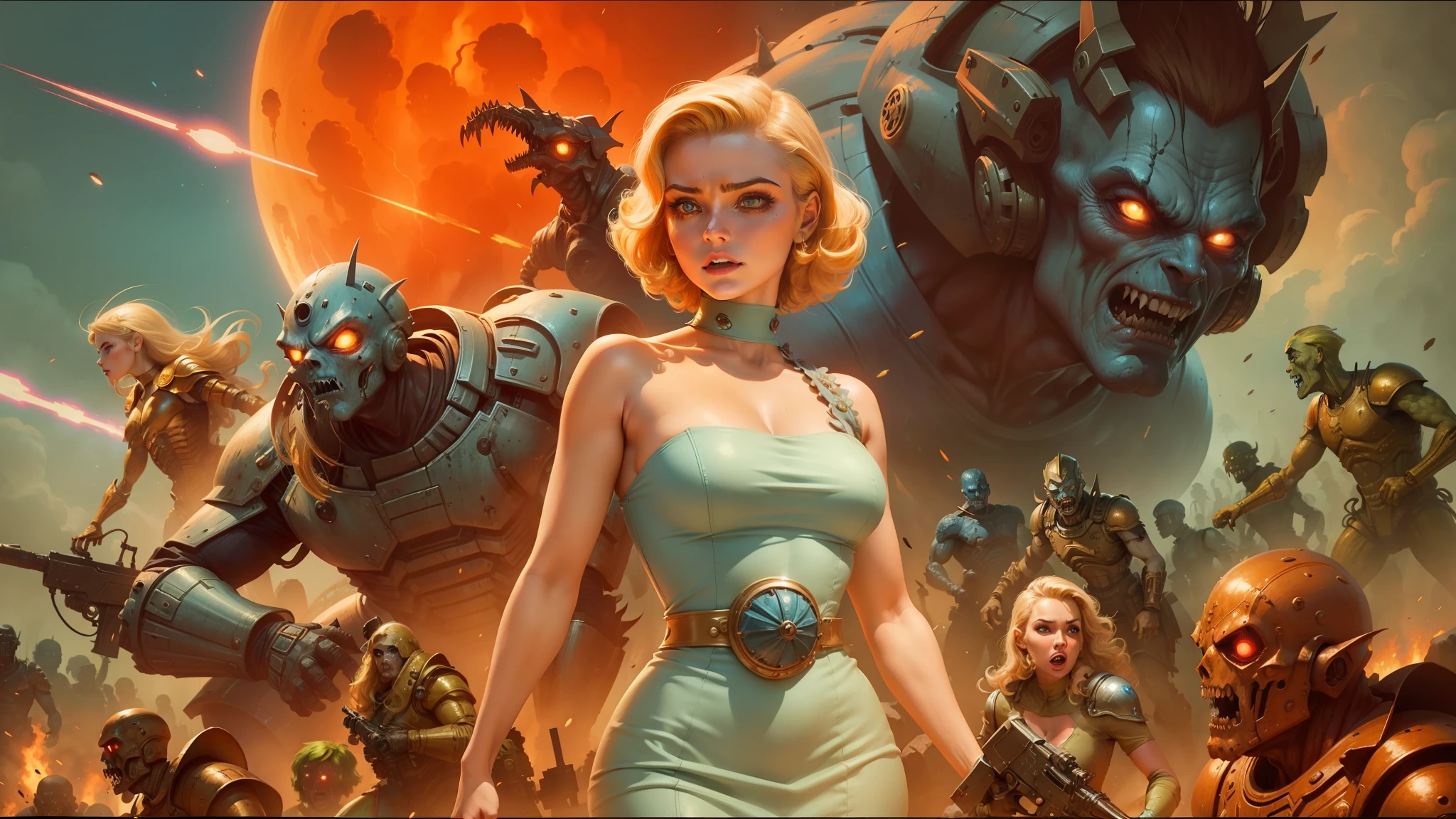 a close up of a woman in a blue dress standing in front of a bunch of zombies, retro futuristic comics, brown armor, animation illustrative style, venus effect, doom monster, glamorous composition, terror glows, blonde woman --auto --s2