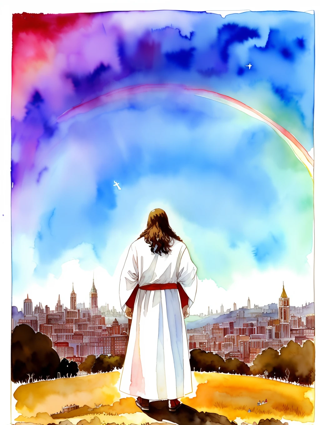 full-body,Jesus, bright light, a man with long brown hair and a beard, wearing a white robe and a red cloak, standing on a hill with his arms open, surrounded by people of different ages and races, a city and a rainbow in the background, 8k, watercolor