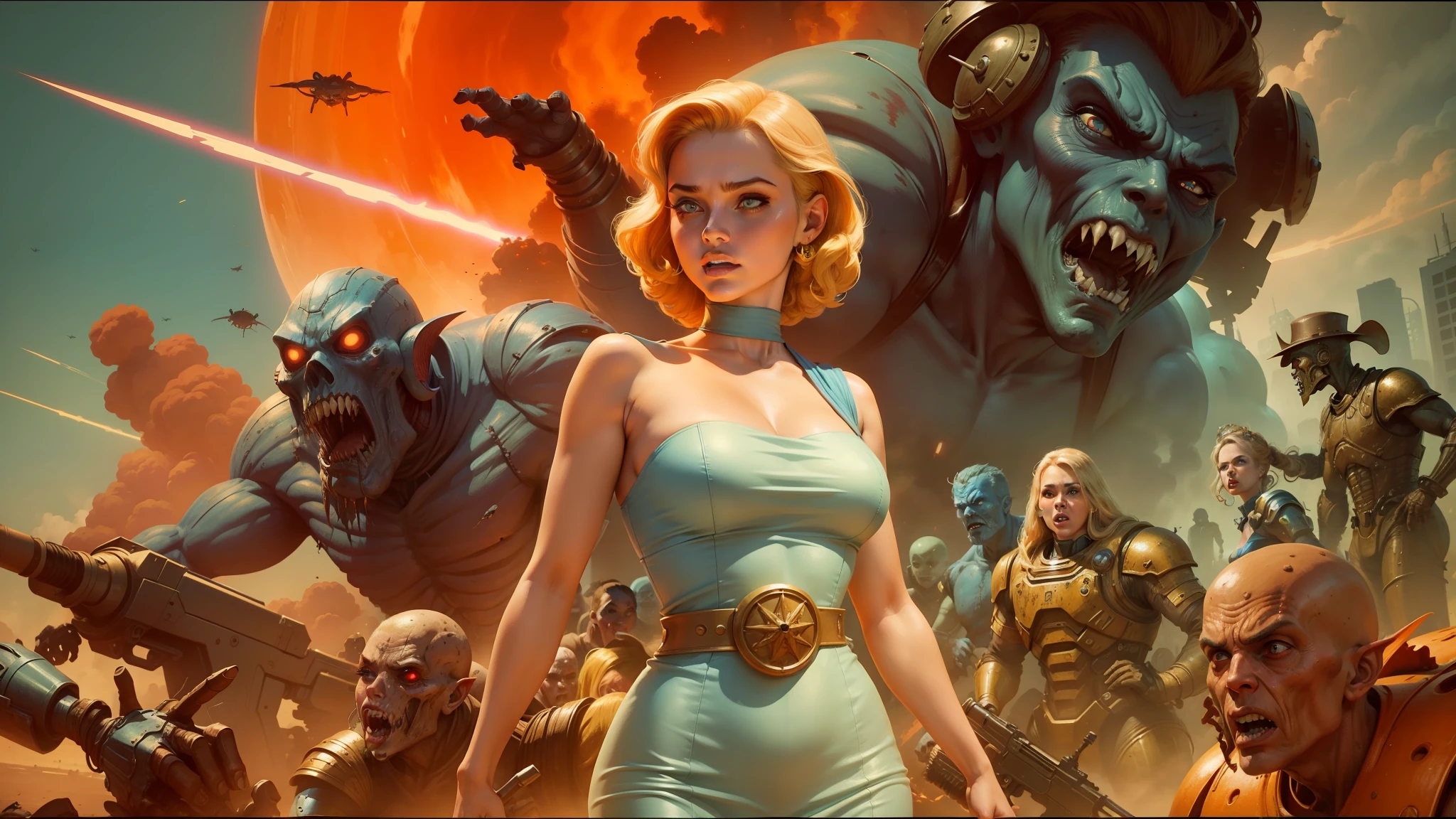 a close up of a woman in a blue dress standing in front of a bunch of zombies, retro futuristic comics, brown armor, animation illustrative style, venus effect, doom monster, glamorous composition, terror glows, blonde woman --auto --s2
