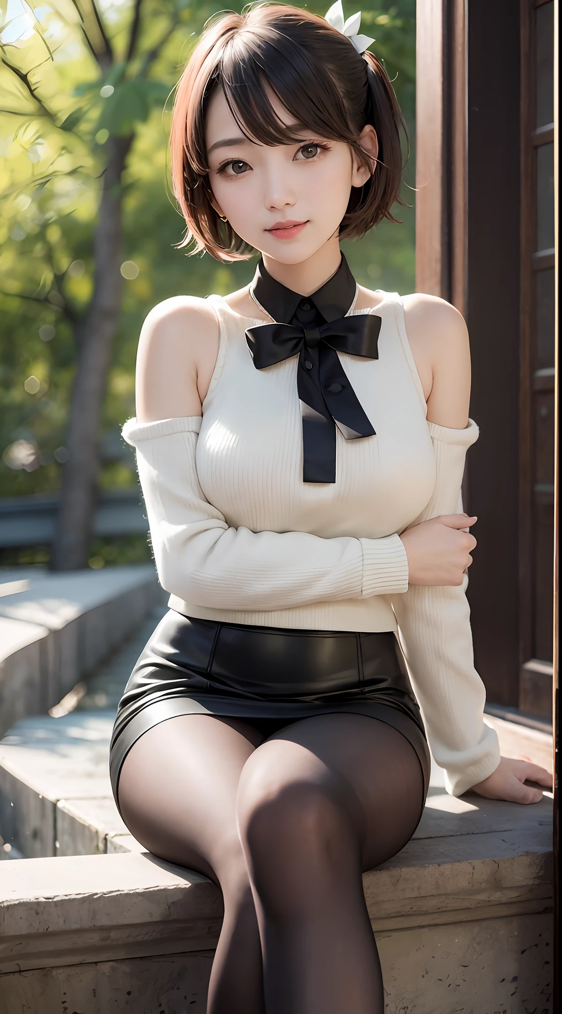 cinematic light, Intricate details, outside, beautiful sunny, Korean girl, (in café: 1.5) , dimples, short hair, looking at the audience, detailed trees, ribbon, bow tie, bare shoulders, loose ribbed sweater, high-waisted pencil skirt, headrest, sitting, indoor, Necklace, black pantyhose, sheet transport sweater, (smile), (full body: 1.6), slender, (NSFW: 1.33)