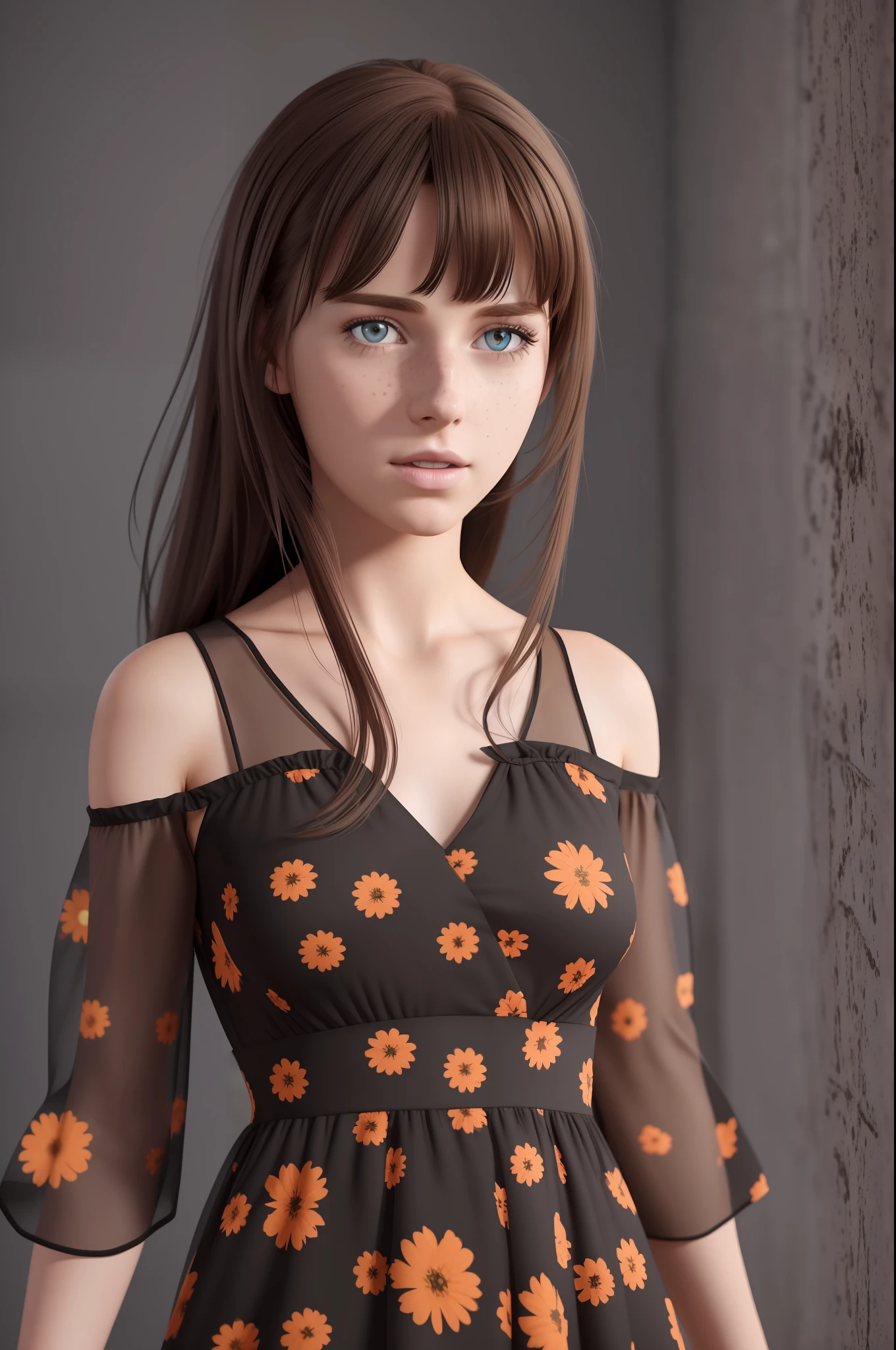 8k uhd, photorealistic, dark background, simple black background, 22yo girl, freckless, tall, (bright floral dress), nutbrown hair, scared, grimdark