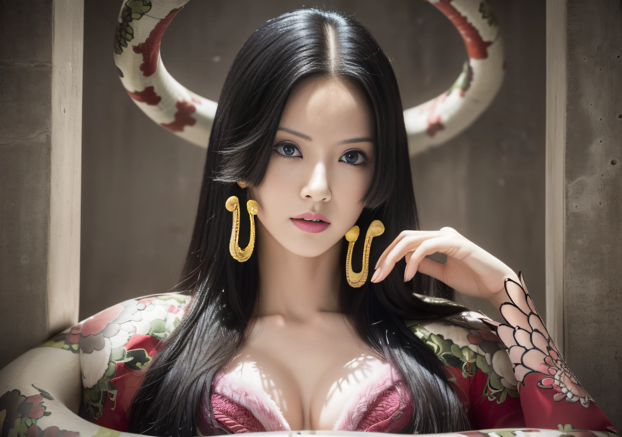 (((masterpiece+best quality+high resolution+ultra-detailed))), (boa hancock), long silky black hair, high nose, sharp eyes, noble and inviolable temperament, (([female]: 1.2 + [beauty]: 1.2 + black long hair: 1.2)), snake_skull background, bright eyes, dynamic angle and posture, wallpaper.