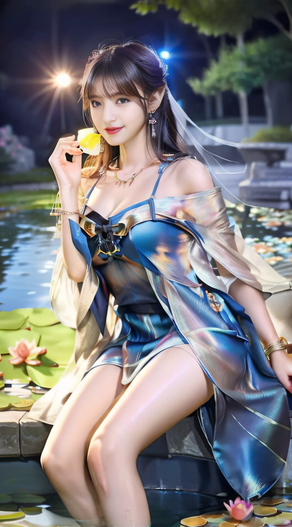 Best quality, masterpiece, high resolution, 1girl, (transparent silk dress), beautiful face, hair accessories, sitting by the pond to wash your feet, one foot splashing, girl naughty smile, hair accessories, necklaces, jewelry, long hair, earrings, rounded feet,((huge breasts, cleavage)), perfect toes, tyndall effect, realism, dark studio, edge lighting, two-tone lighting, (high detail skin: 1.2), 8k uhd, DSLR, soft light, high quality, volumetric lighting, voyeur, photo, high resolution, 4k, 8K, background bokeh