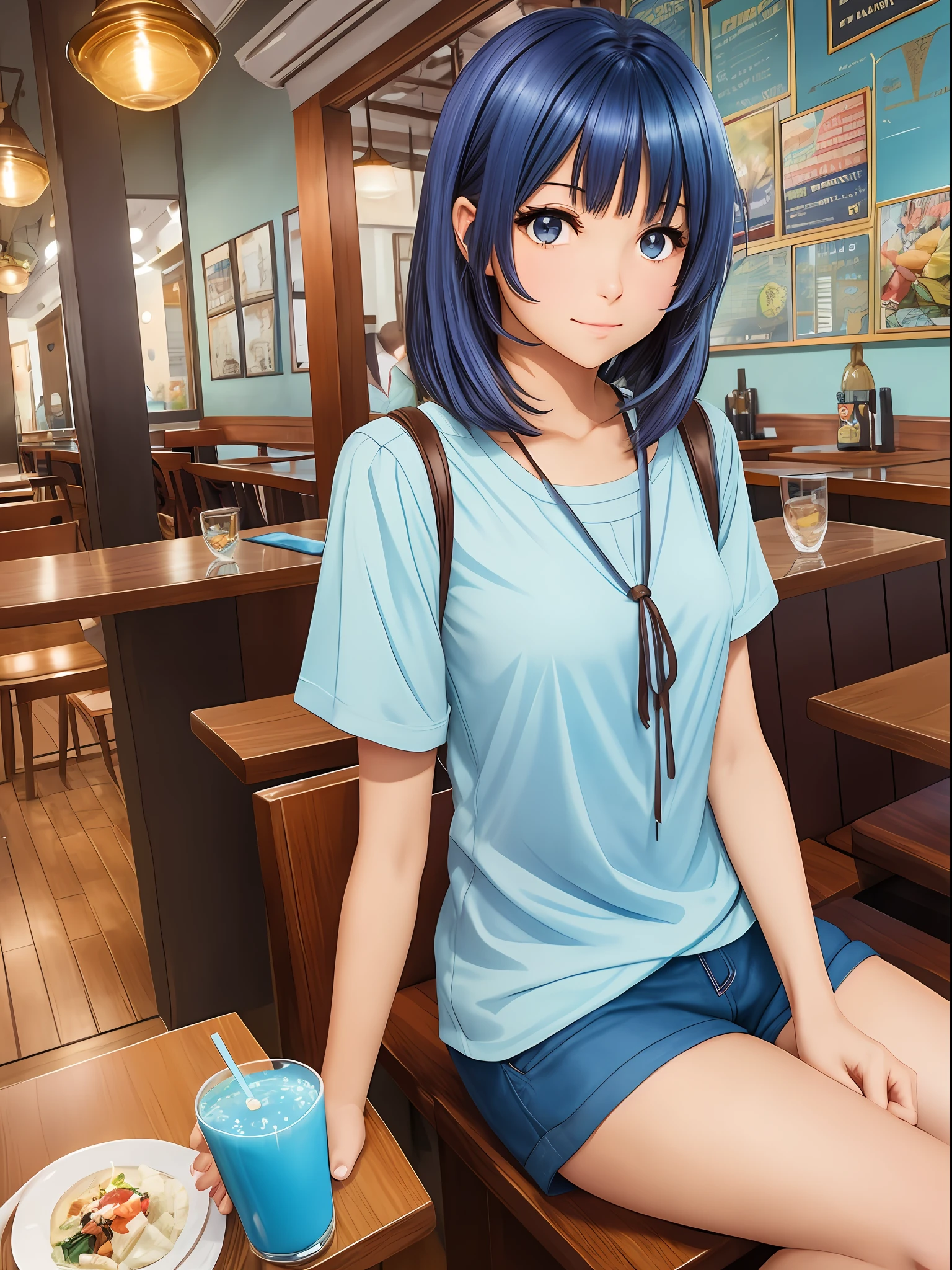 1 anime style girl, brown eyes, short brown hair with (blue locks), wears a light blue blouse and shorts, sitting in a restaurant drinking juice, super detailed