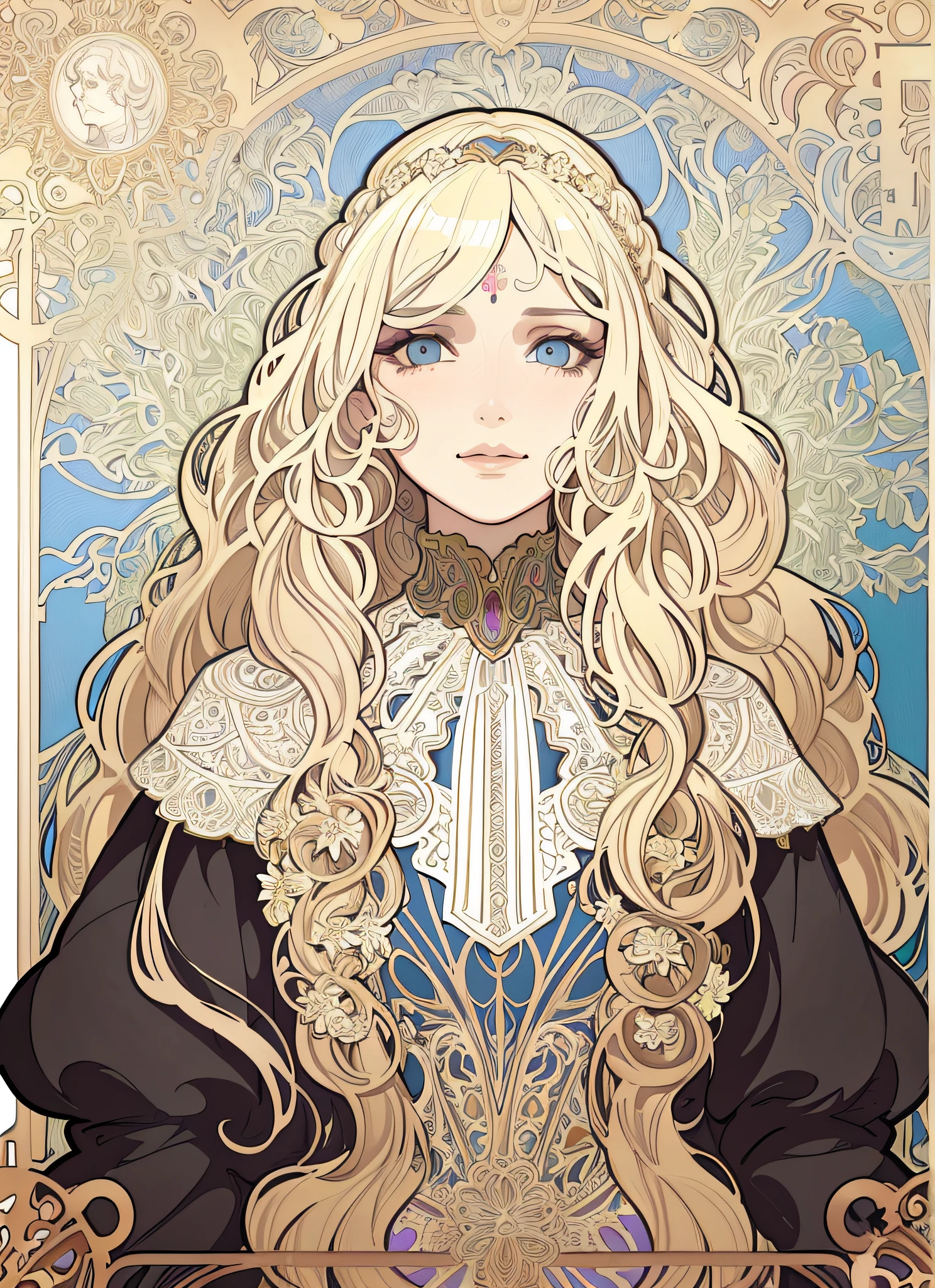 European woman's face portrait, long curly hair, blonde, flower frame, decorative panel, abstract art, by Alphonse Mucha (masterpiece, highest quality, high resolution: 1.4), detailed, intricate details, 4K, color splash, line art, Fibonacci, in underwear