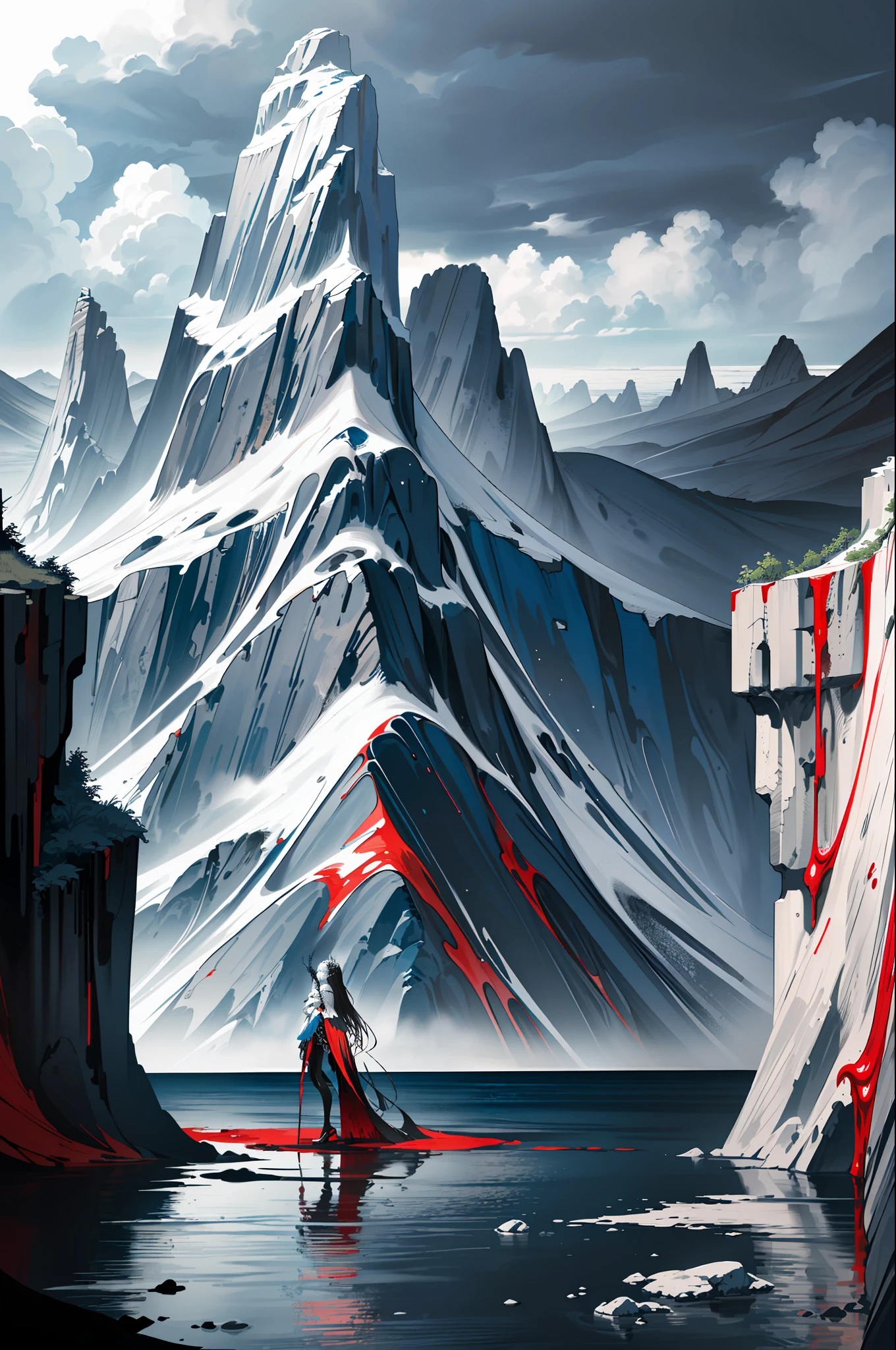 black and white and blue and red,(best quality, ultra-detailed, high resolution, extremely detailed cg),wide shot,dead angels stand on cliff edge,she is very beautiful,she like blood and sea,bloody rain, mystical,fanatic, intricate, surreal,delicate,
