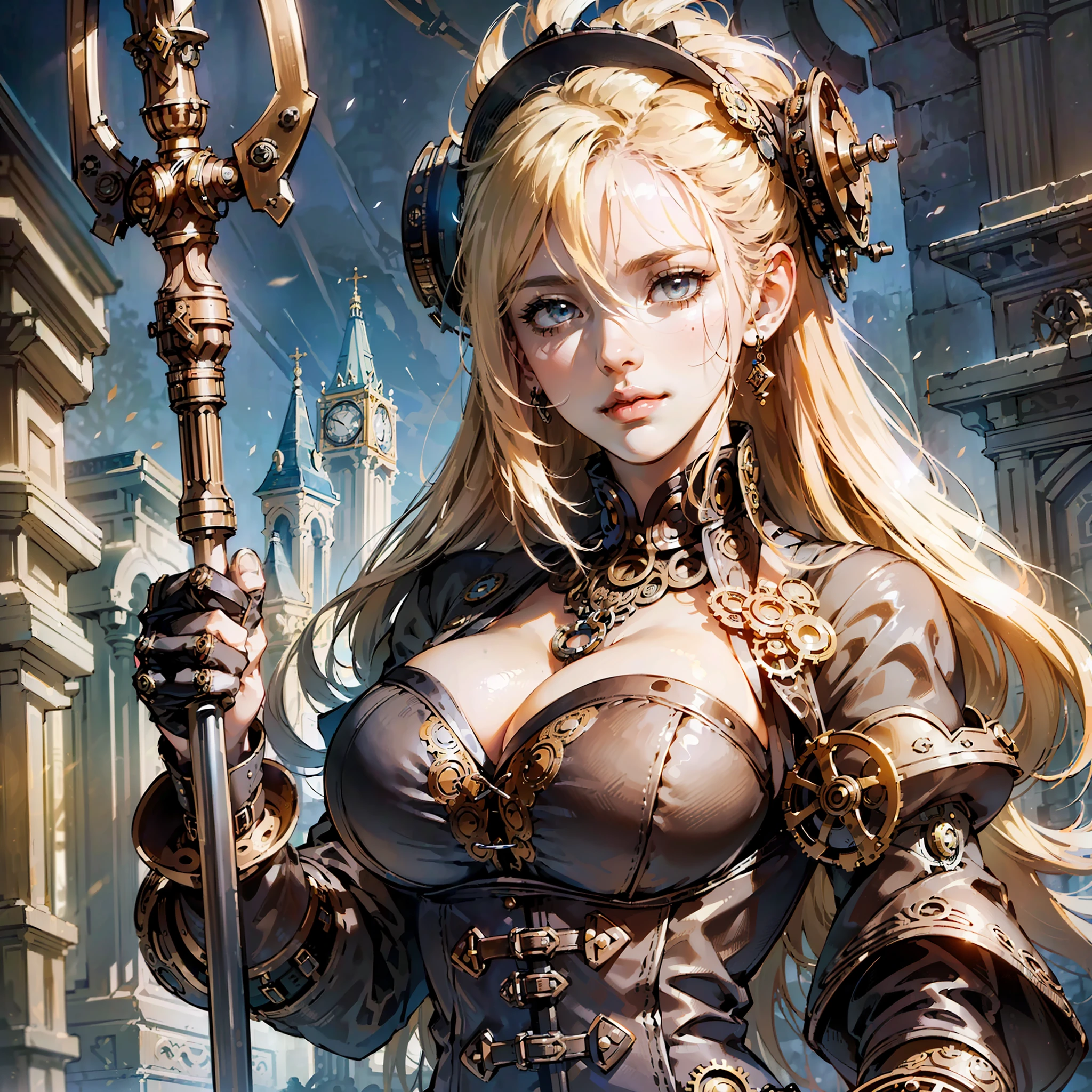 (((steampunk))),(((Stylish image of a beautiful young woman gigantic breast, marked tit, marked areola, marked tit under the clothes, large breast, cleavage, sexy clothes)))
