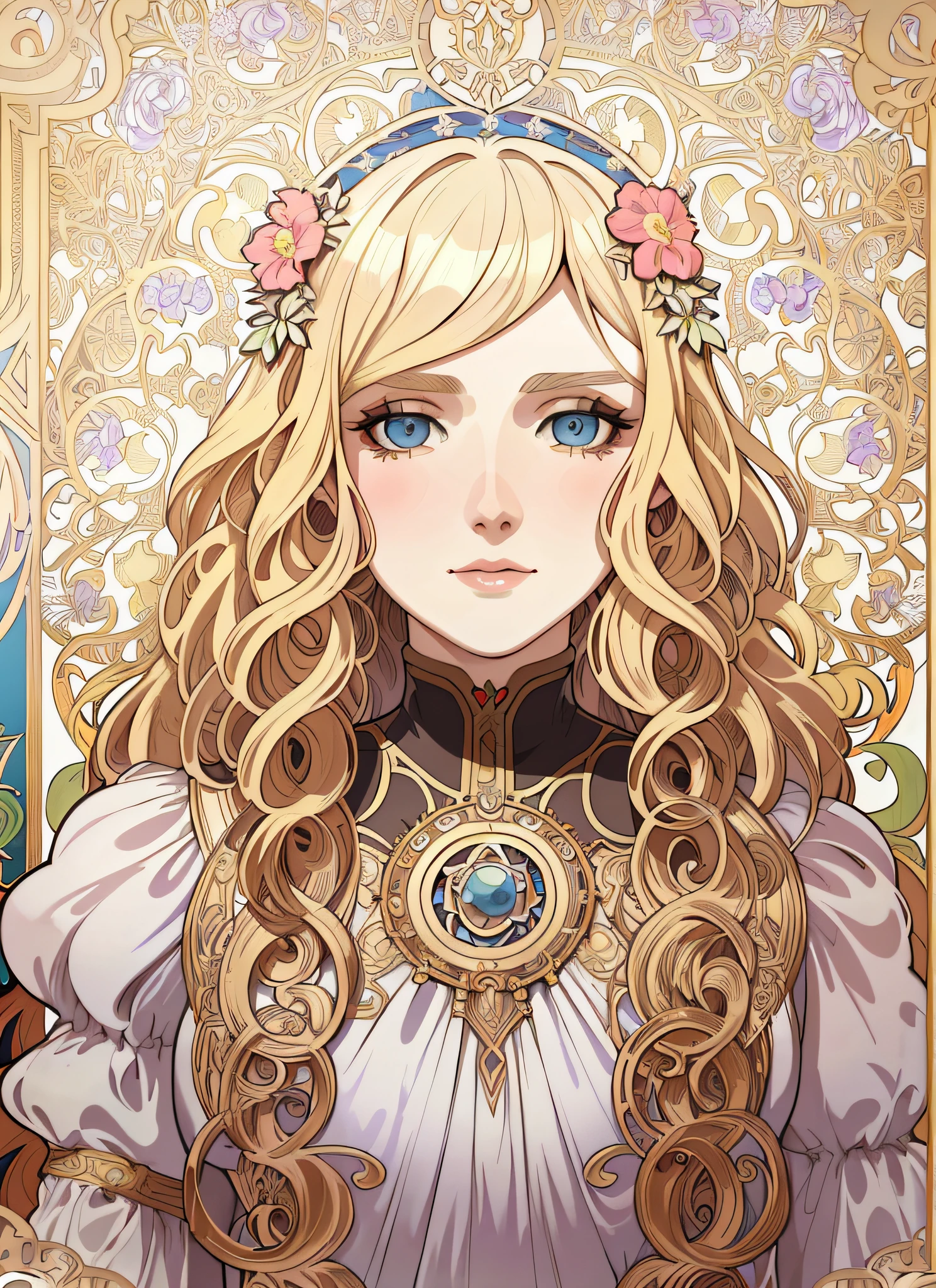 European woman's face portrait, long curly hair, blonde, flower frame, decorative panel, abstract art, by Alphonse Mucha (masterpiece, highest quality, high resolution: 1.4), detailed, intricate details, 4K, color splash, line art, Fibonacci, in underwear