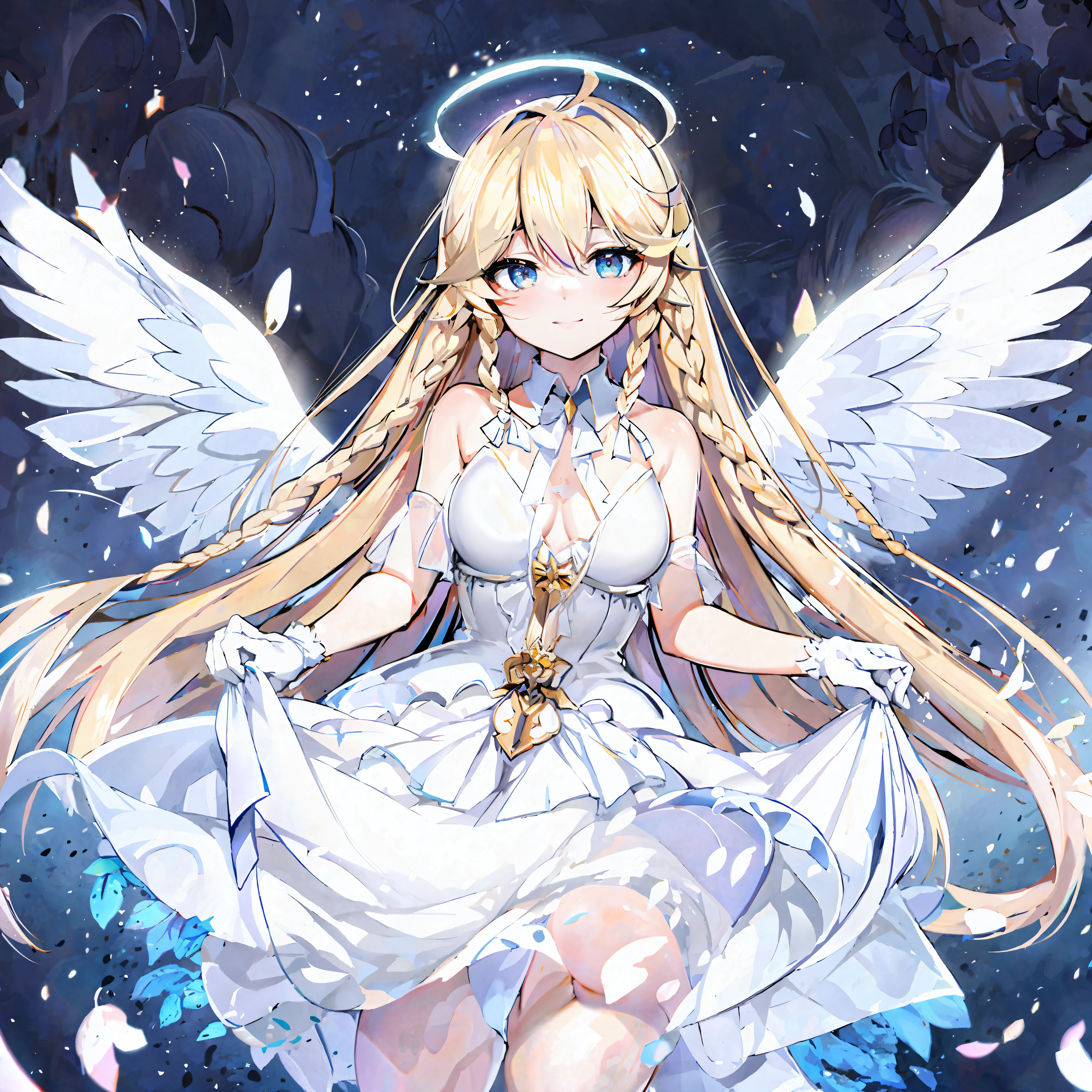 (Masterpiece,Best Quality,High Quality,High Definition:1.2),Ultra High Definition,Absurdity,Sharp Focus,Detail,ep7,Angelica standing,Midshot,1 girl,E7 AOL,White gloves,Unspread wings, When looking at viewer, blue eyes,clear pupils,fine eyes,smile, perfect hands,thin,detailed skin,shiny skin, outdoor,park,daytime, detailed background,vivid colorful, Subsurface Scatterin,Volumetric Lighting,Very Detailed,Anime – Style image of woman in winged white dress, anime goddess, angel halo, majestic angel with full body, beautiful angel girl, cute anime wife in nice dress, beautiful angel, blonde anime girl with long hair, angel, ultra wide angel, angel purity, angel girl, wearing angel halo, Angel Knight Girl