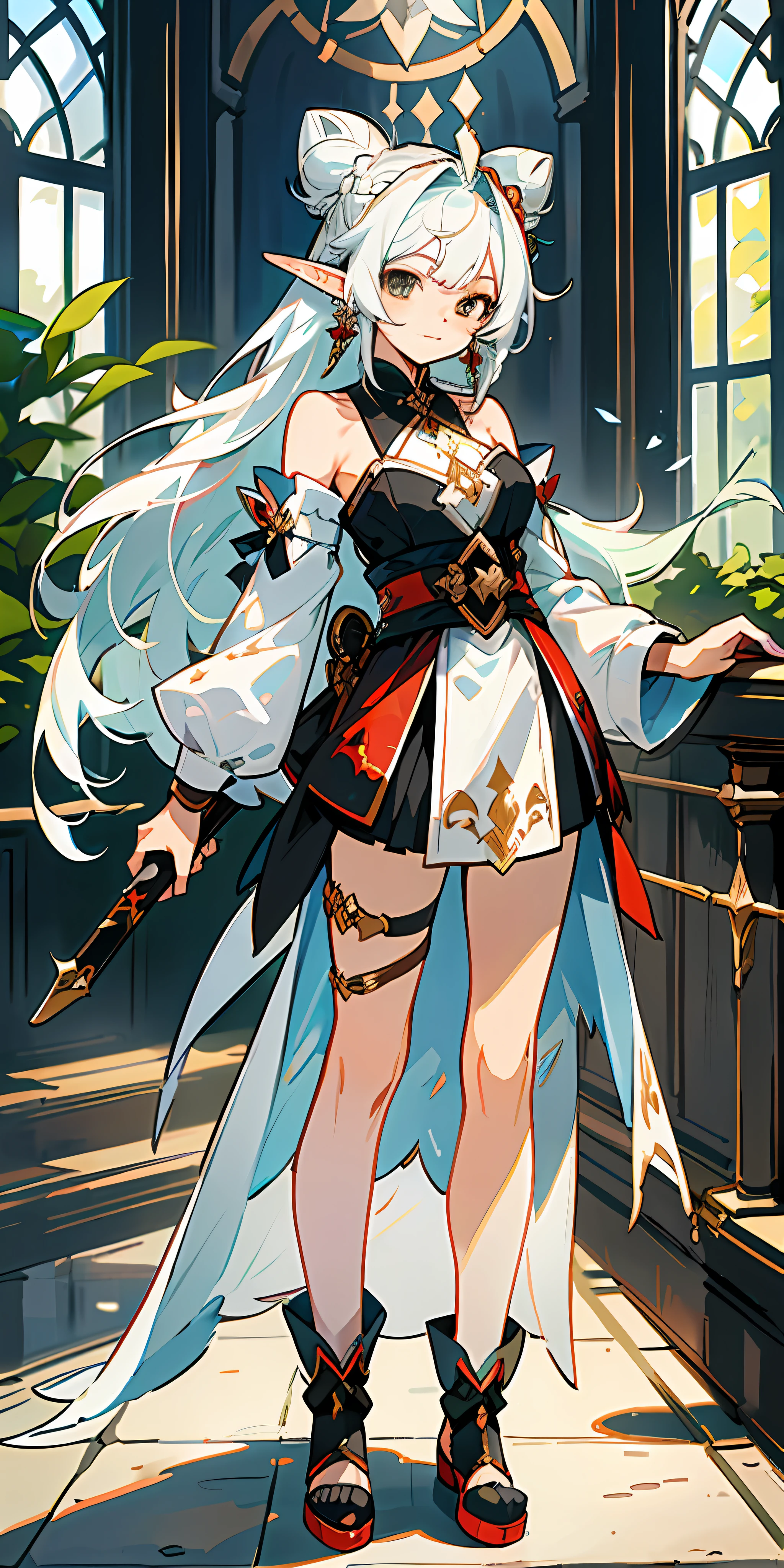 Elf, a magical girl, long white hair, single bun, single ear twisted braid, feather earrings, full body, magician, tactical pack, scroll, clothes are black and red, magic weapons, fantasy creatures, dynamic poses, bare shoulders, unique character design, exquisite costumes, medicine bottles, cards, standing paintings, floor platform, HD, masterpiece, super detail, (best quality, high resolution), super high resolution, ultra HD, 32K, cgstation pop ----niji 5