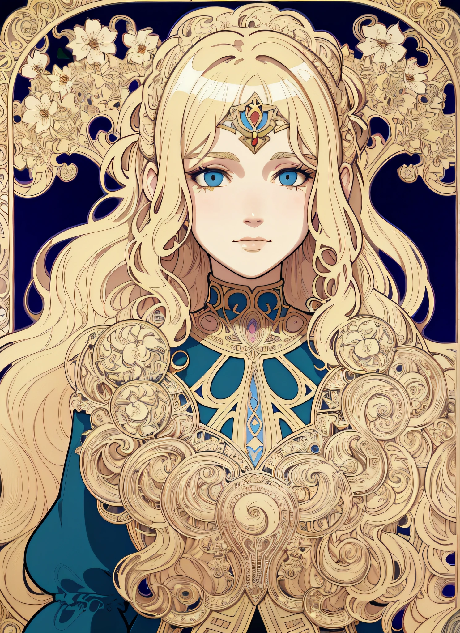 European woman's face portrait, long curly hair, blonde, flower frame, decorative panel, abstract art, by Alphonse Mucha (masterpiece, highest quality, high resolution: 1.4), detailed, intricate details, 4K, color splash, line art, Fibonacci, in underwear