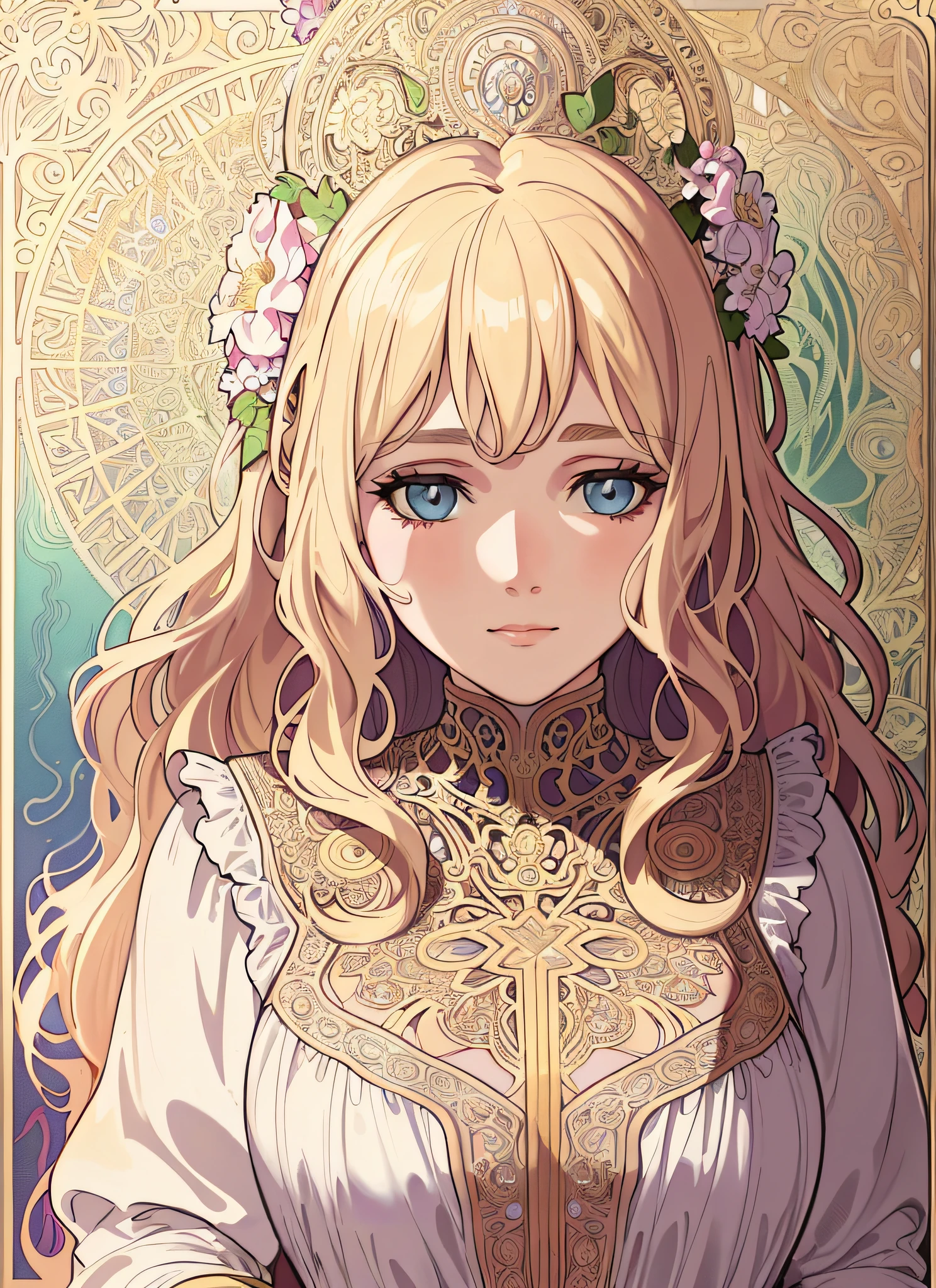European woman's face portrait, long curly hair, blonde, flower frame, decorative panel, abstract art, by Alphonse Mucha (masterpiece, highest quality, high resolution: 1.4), detailed, intricate details, 4K, color splash, line art, Fibonacci, in underwear