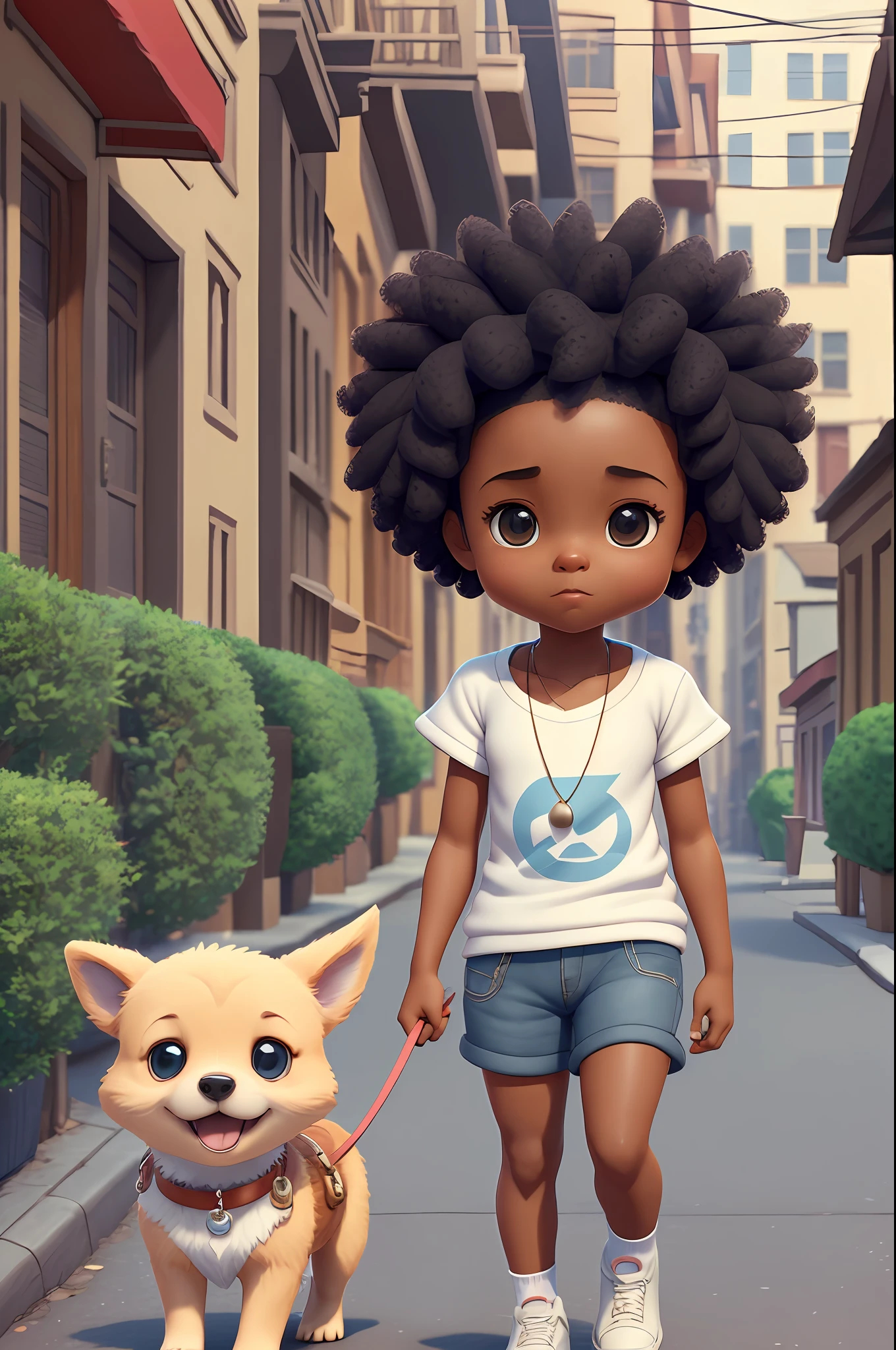 3D a cartoon character holding a small dog on a city street, black girl, movie artwork, clean photo, ghailan!, as a pixar character, cute young man, afro hair, grace and blessing, rendered in unreal, movie promotional image, rendered image --auto --s2