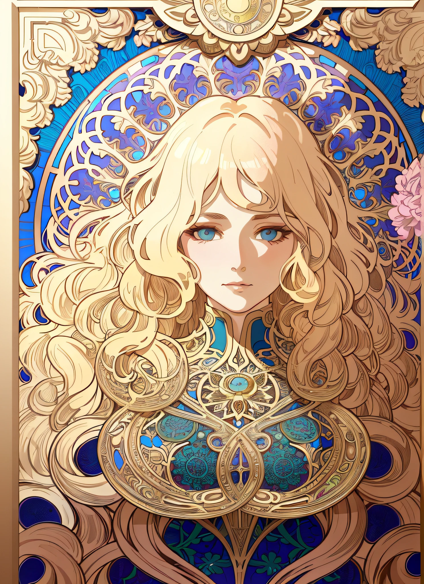 European woman's face portrait, long curly hair, blonde, flower frame, decorative panel, abstract art, by Alphonse Mucha (masterpiece, highest quality, high resolution: 1.4), detailed, intricate details, 4K, color splash, line art, Fibonacci, in underwear