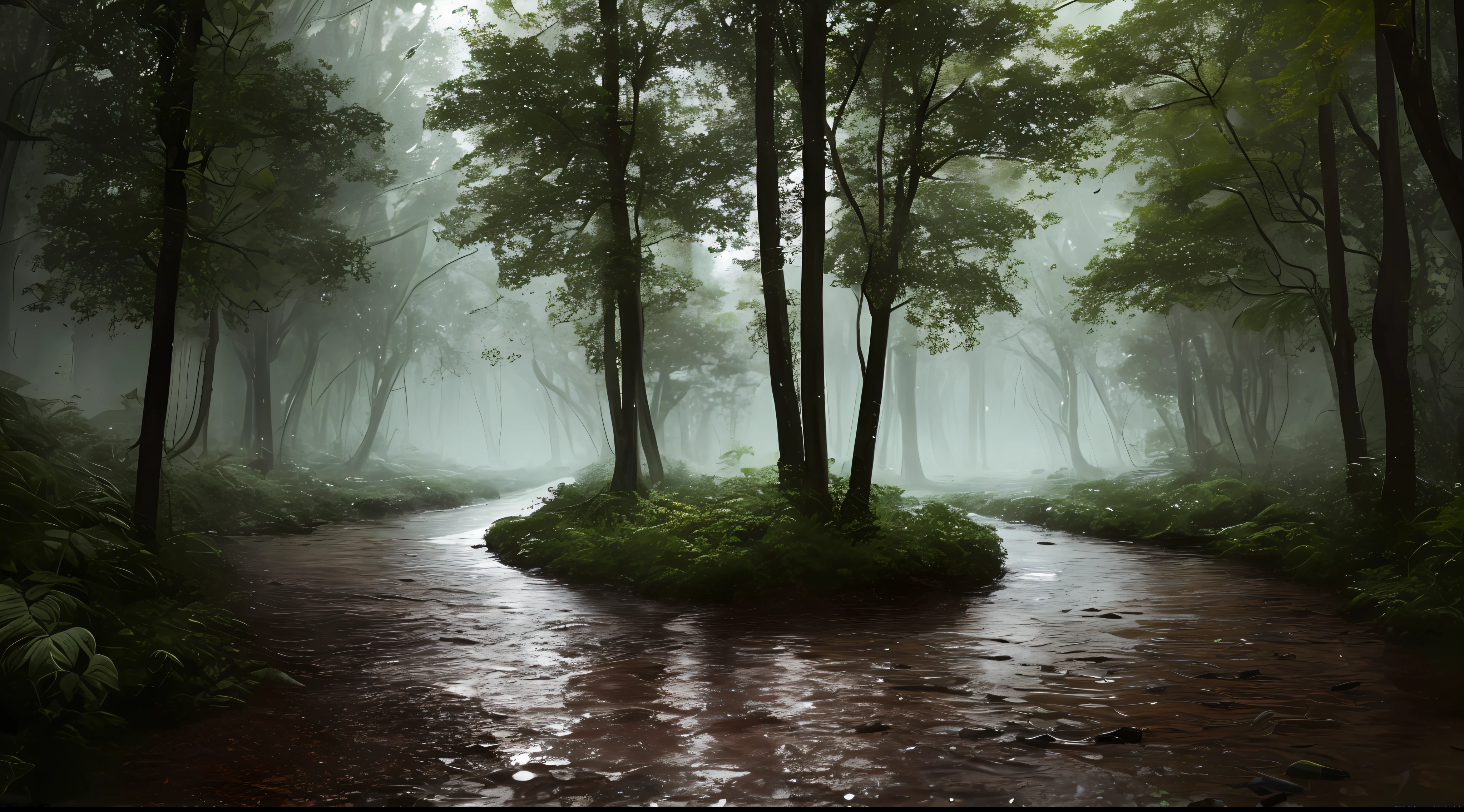 A dense forest in the midst of a heavy nighttime downpour, with raindrops cascading down the trees and thunder rumbling in the distance, masterpiece, best quality, high quality, extremely detailed CG unity 8k wallpaper, oil paiting, award winning photography, Bokeh, Depth of Field, HDR, bloom, Chromatic Aberration ,Photorealistic,extremely detailed, trending on artstation, trending on CGsociety, Intricate, High Detail, dramatic, art by midjourney, (volumetric lighting:1.2)