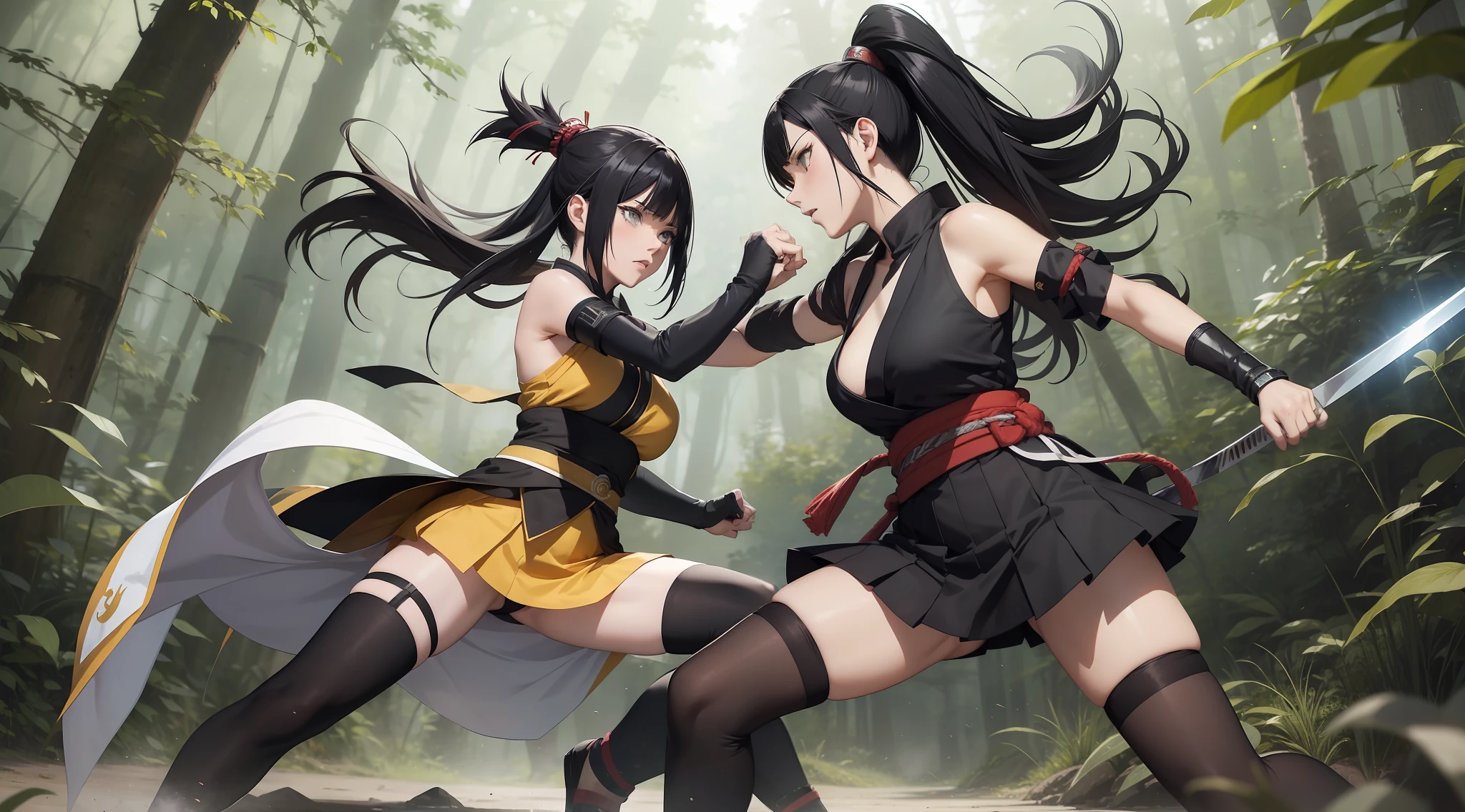 Full body shot of two female Naruto characters engaged in close combat duel, with their short swords. The fight is intense and deadly, as one of them is defeated. The victor looks resolute and determined to end the match. Both characters wear traditional sleeveless kimonos, with obi and long gloves. The skirt is also a prominent feature of their attire, complemented by black thigh-high stockings. The background is a deep forest.