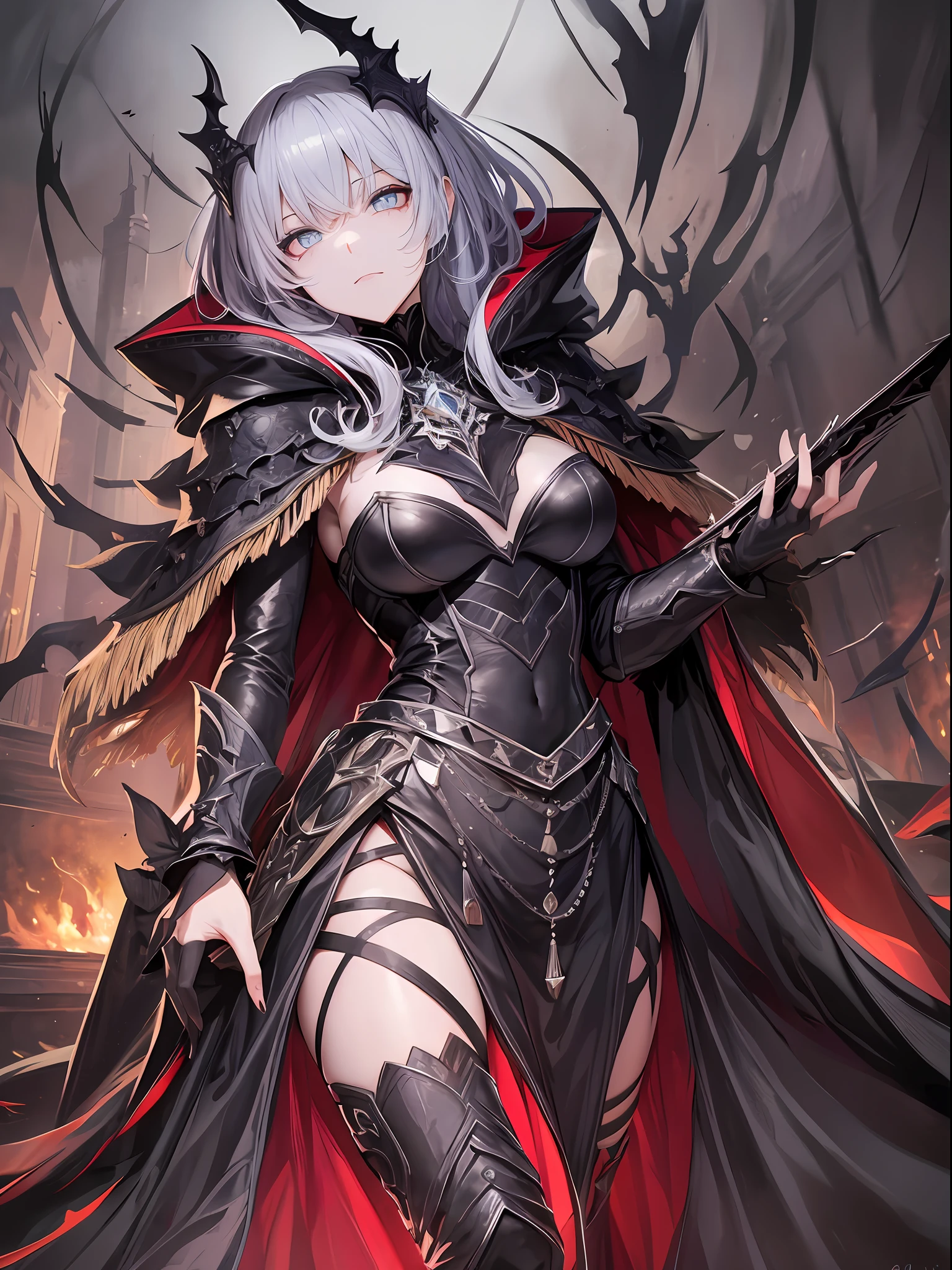 dark background, scary background, monster, cool, scary, girl, shining eyes, light eyes, sharp eyes, royal cloak, masterpiece, absurdres, high quality