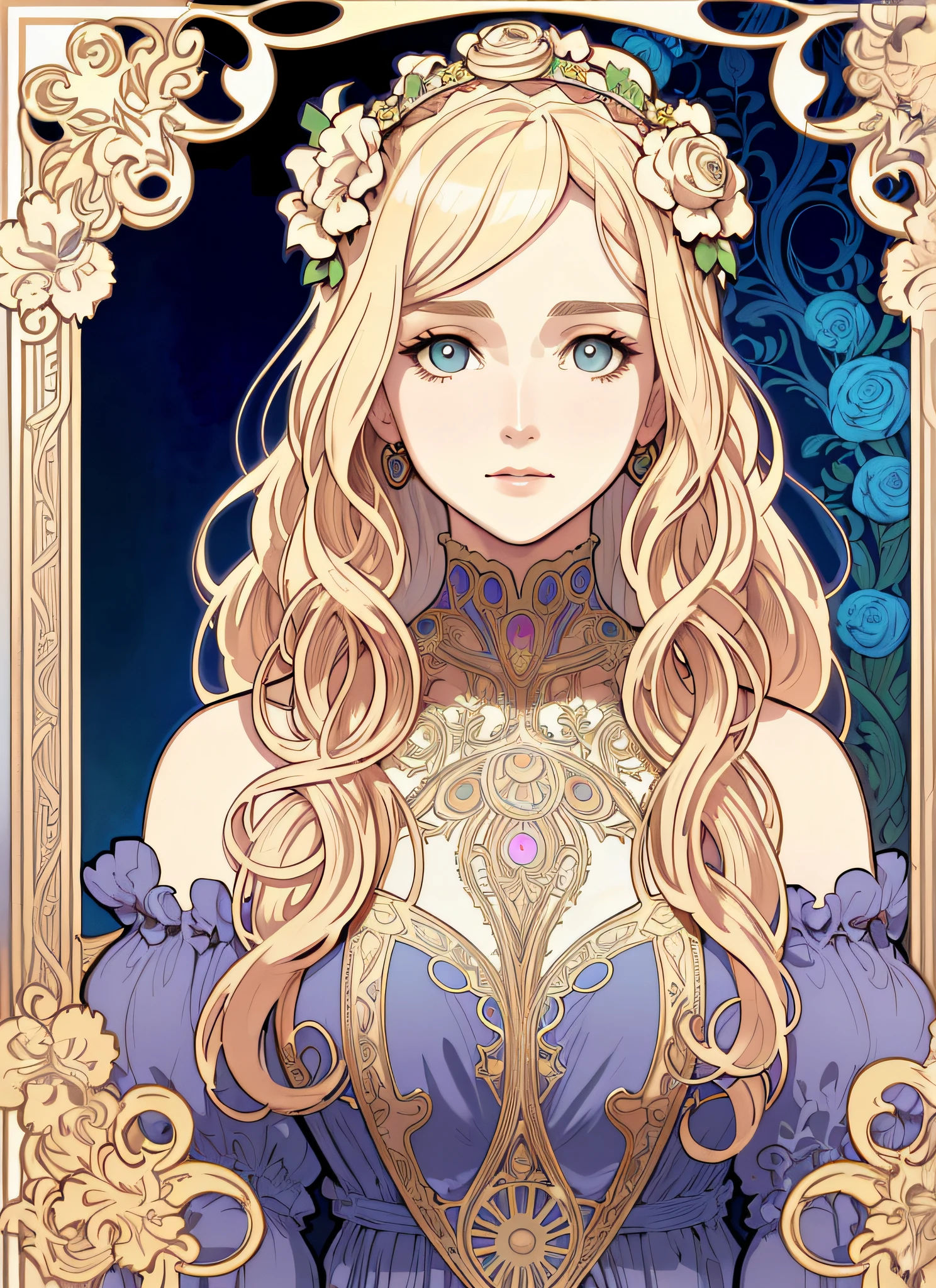 European woman's face portrait, long curly hair, blonde, flower frame, decorative panel, abstract art, by Alphonse Mucha (masterpiece, highest quality, high resolution: 1.4), detailed, intricate details, 4K, color splash, line art, Fibonacci, in underwear