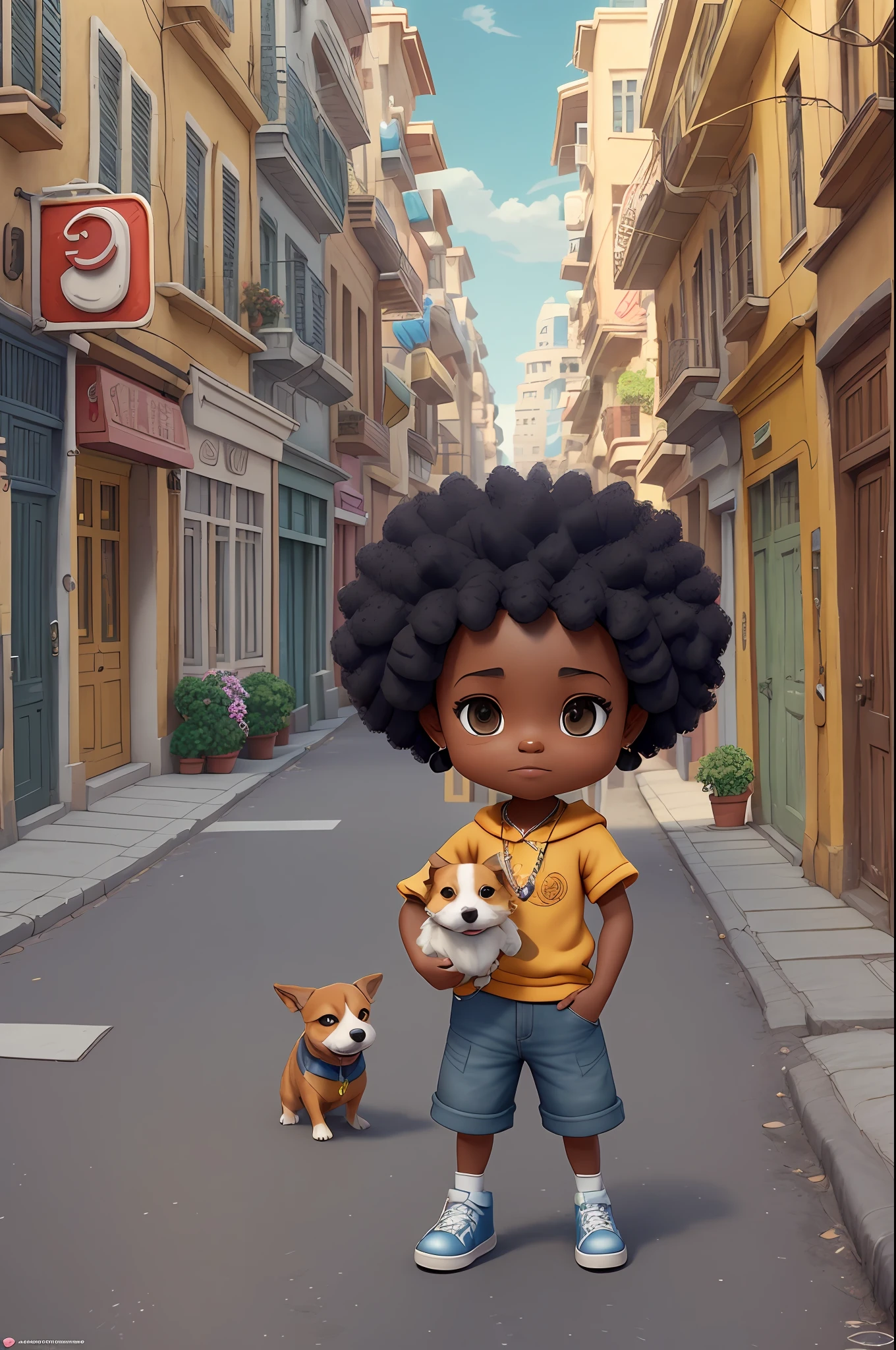 3D a cartoon character holding a small dog on a city street, black girl, movie artwork, clean photo, ghailan!, as a pixar character, cute young man, afro hair, grace and blessing, rendered in unreal, movie promotional image, rendered image --auto --s2