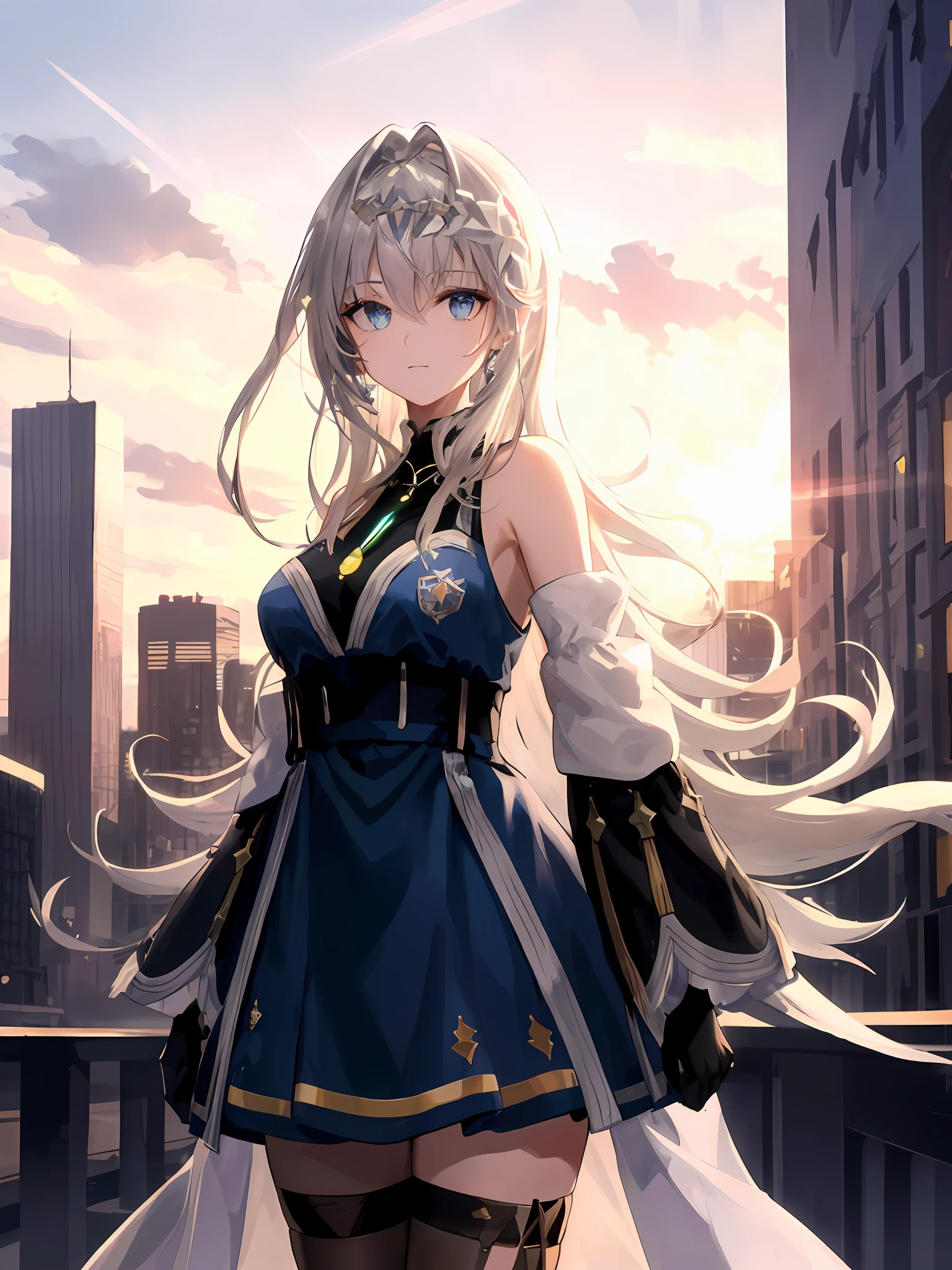 dspoli, gray hair, long hair, blue eyes, hair band, hair ornament, necklace, dress, bare shoulders, removed sleeves, gloves, thigh masterpiece,official art,best quality, illustration, saxophone blue, platinum earrings, platinum necklace, white dress, 1girl, cute, (dynamic lighting:1.2), cinematic lighting, delicate facial features, detailed eyes, sharp pupils, Realistic pupils, depth of field, bokeh, sharp focus, (ultra detail, bloom, glow:1.4), many little gems