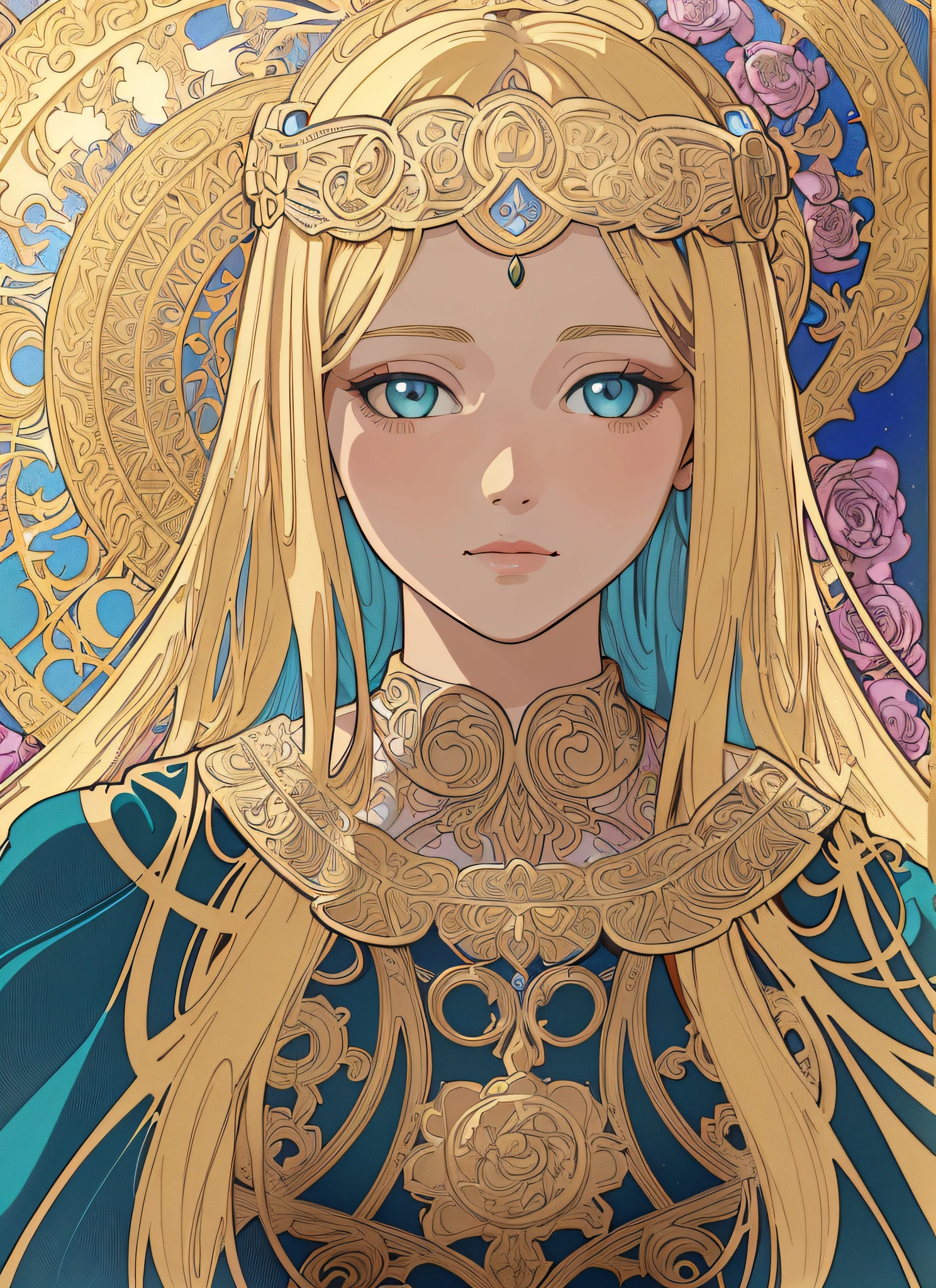 Portrait of the face of a European maiden, long curls, blonde hair, flower frame, decorative panels, abstract art, Alphonse Mucha (masterpiece, highest quality, high resolution: 1.4), detailed, intricate details, 4K, color splashes, line art, Fibonacci, lingerie