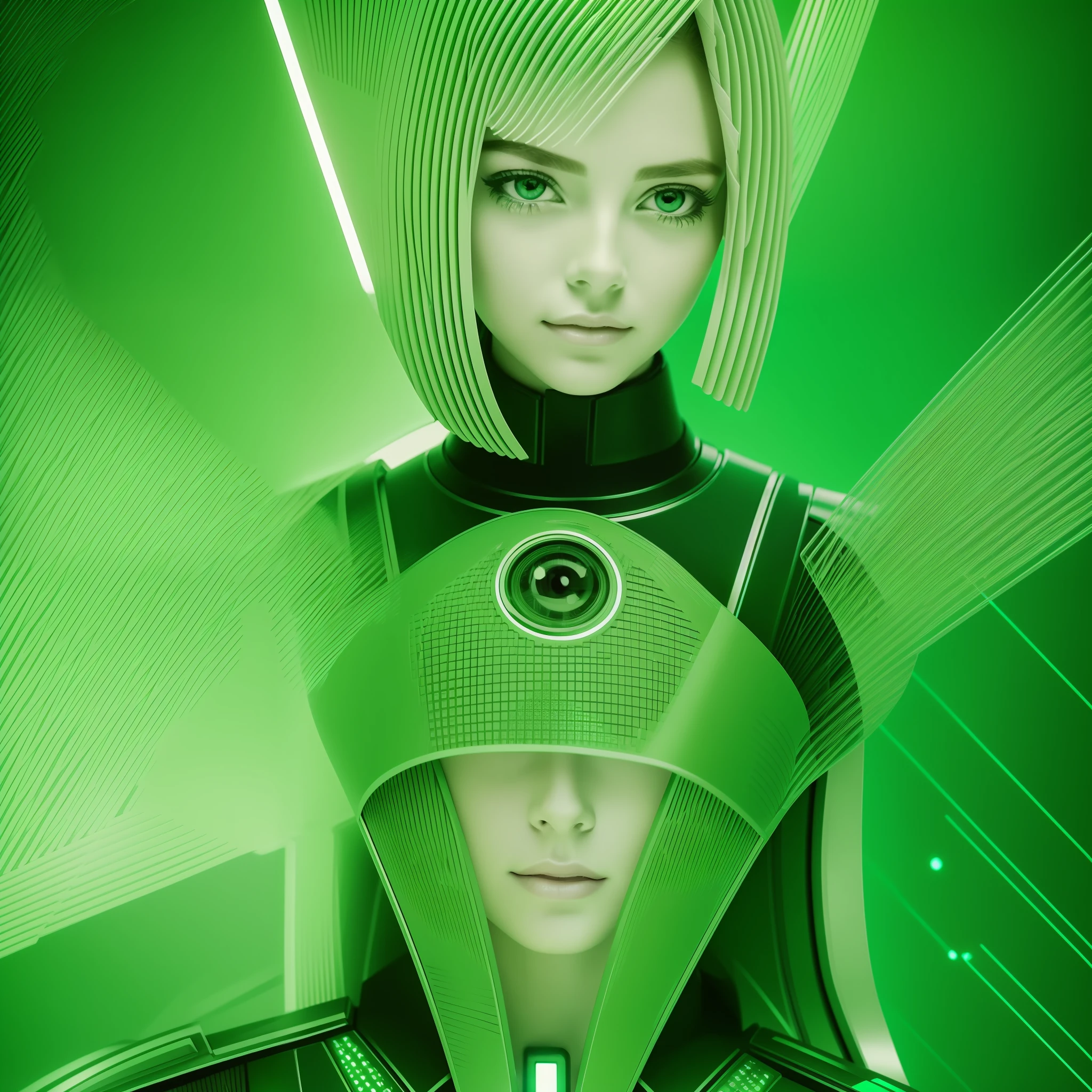 Futuristic young woman made of sexy green technology beautiful green eye (style (film grain)1.3 --auto --s2