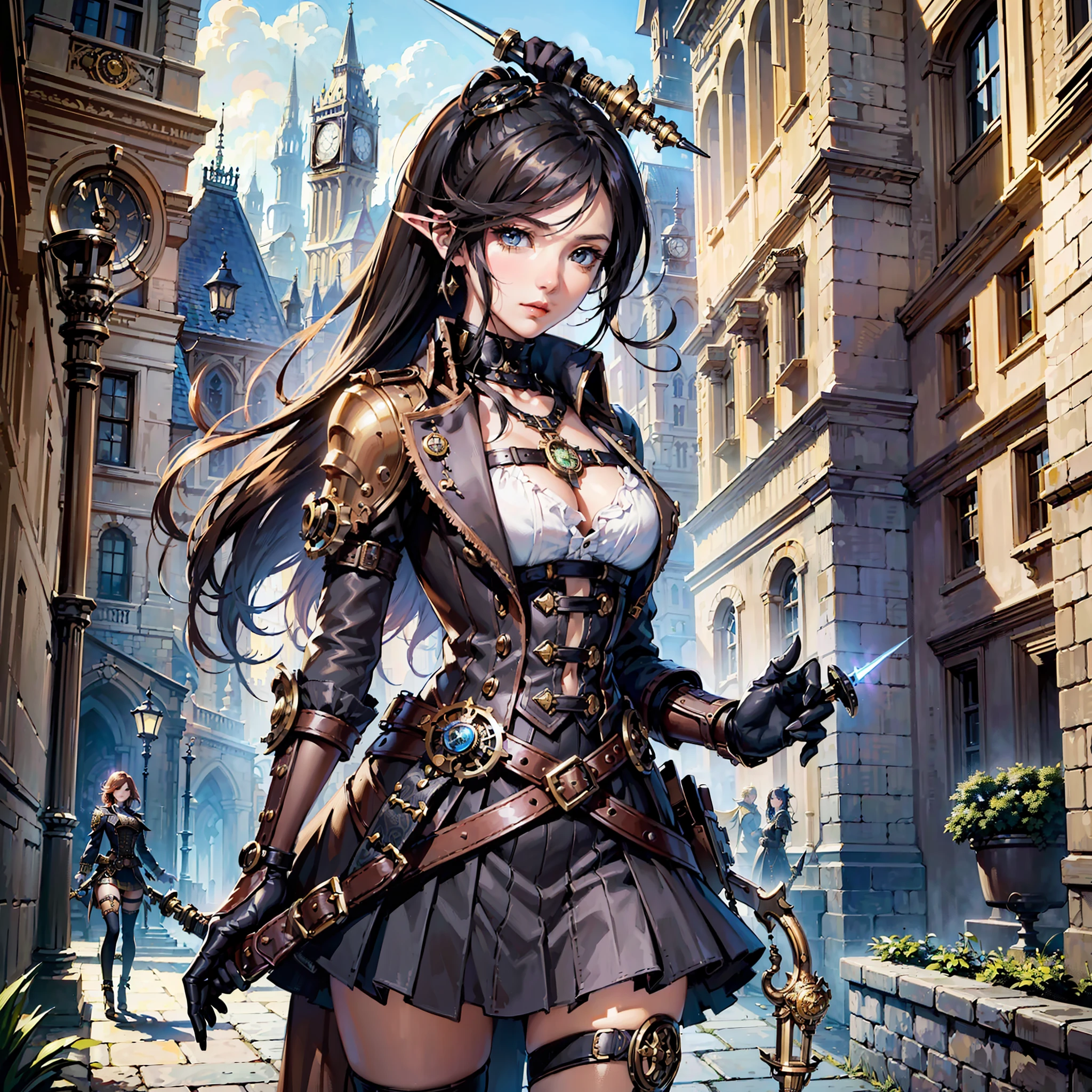 (((steampunk))),(((Stylish image of a beautiful young woman with a spear,))) large clock tower, fantasy Granblue, Boris Valejo. Traveling Octopath, Highly Detailed Official Art, Anime Key Art,, Detailed Anime Key Art, Full Magic Knight Portrait, Official Character Art, Key Art, Shadowverse Style
