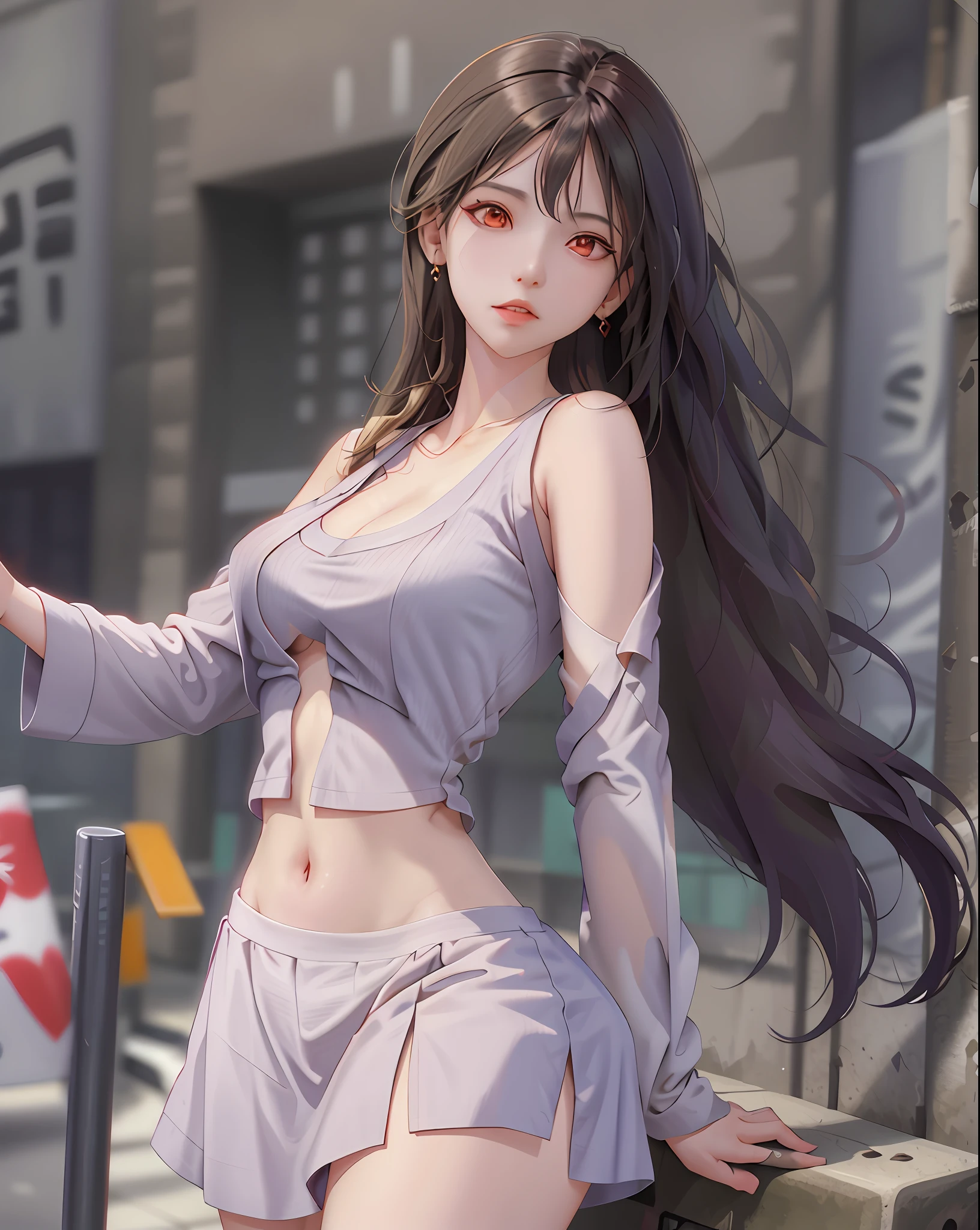 (masterpiece, best quality, 1girl, solo, intricate details, chromatic aberration), realistic,Tifa Lockhart, ((medium breath)),long hair, black hair, hair over one eye,red eyes, earrings, sharp eyes, choker, open jacket, crop top,open waist,(perfect symmetrical body),against wall, brick wall, graffiti, dim lighting, alley ,look at viewer,